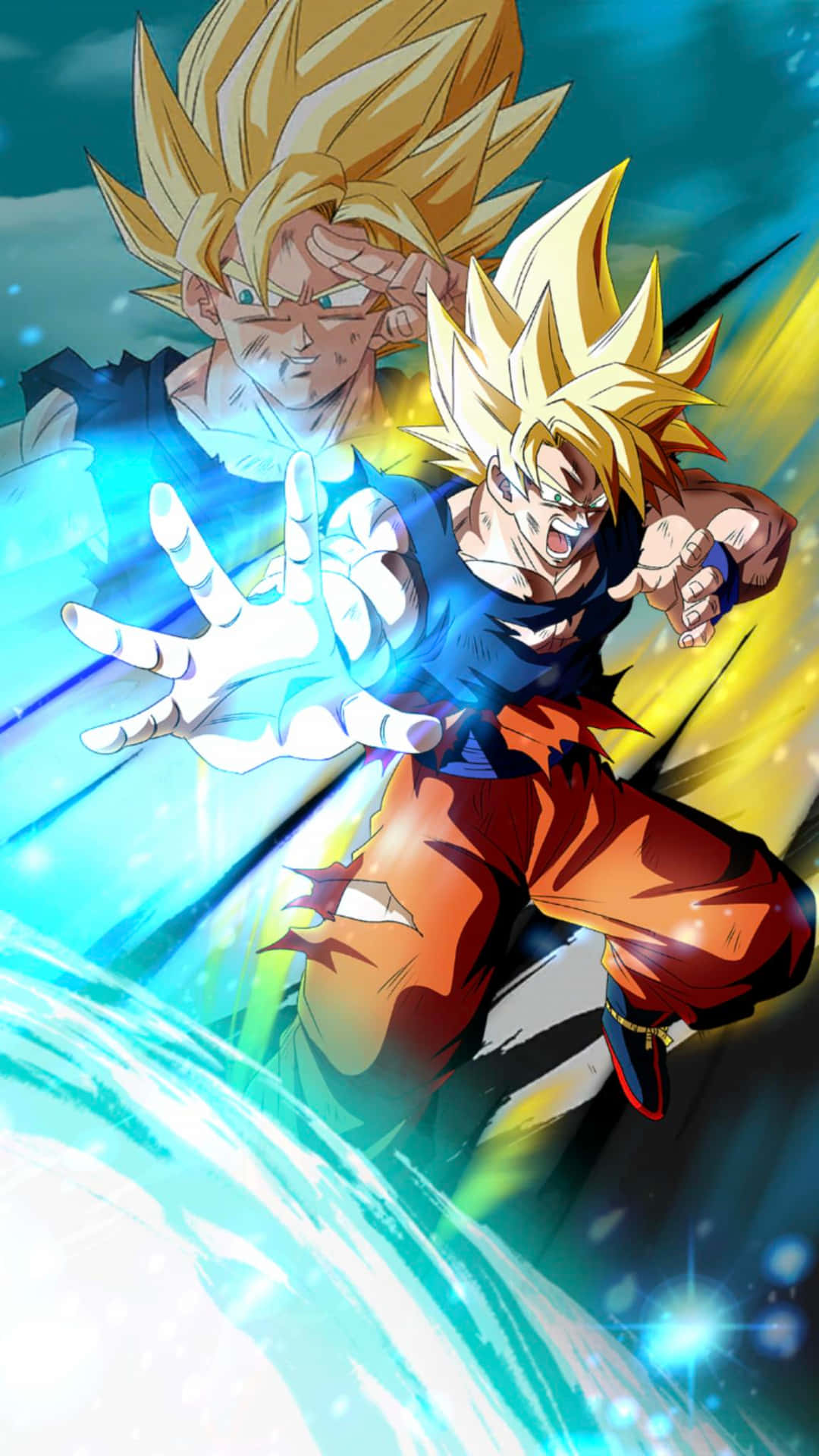 Goku's Spirit Bomb Sword 桌布 壁紙 — 兩名超級撒亞人戰士在充滿活力的藍色和金色燈光的動態動漫戰鬥場景中釋放出發光的能量爆炸。