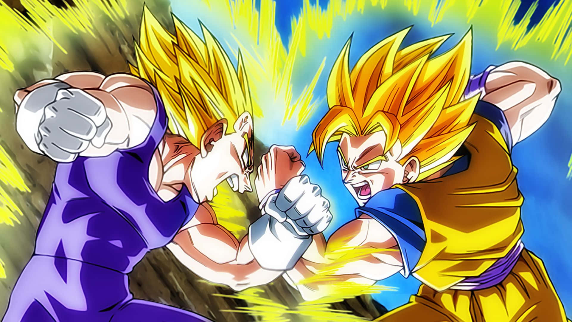 Vegeta And Goku 桌布 壁紙 — 兩名超級撒亞人戰士在動態的藍黃色背景下，拳頭碰撞，爆發出金色能量。