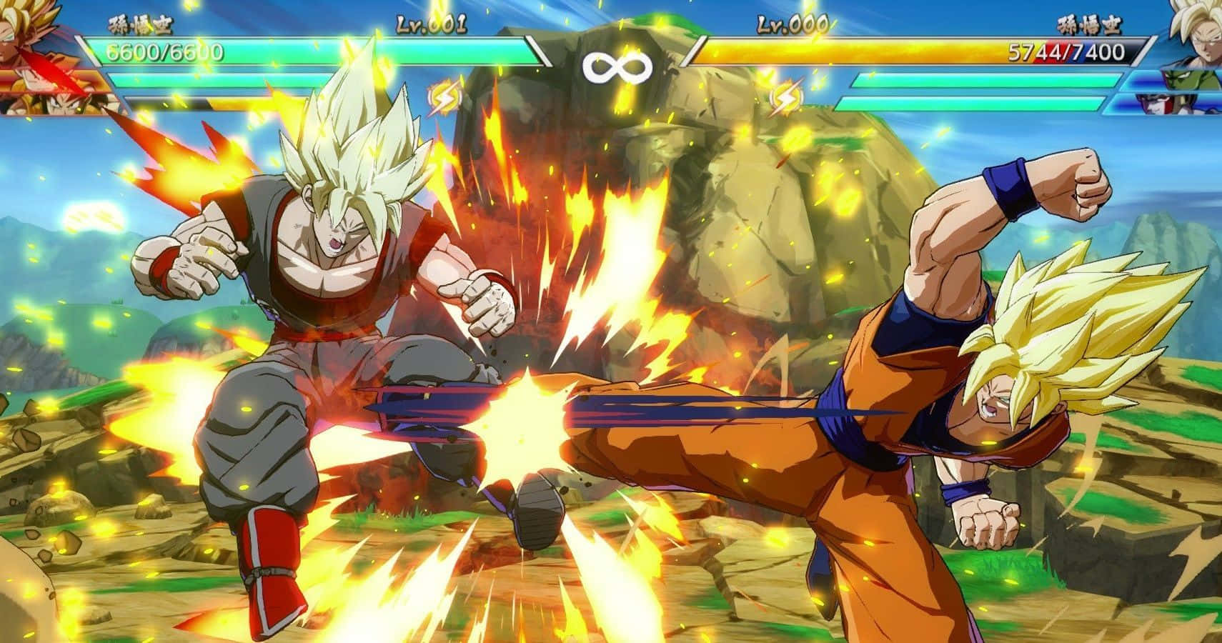 Dragon Ball Z Games 桌布 壁紙 — 兩名超級撒亞人戰士在岩石戰場上，伴隨著發光的能量效果，展開一場激烈的戰鬥。