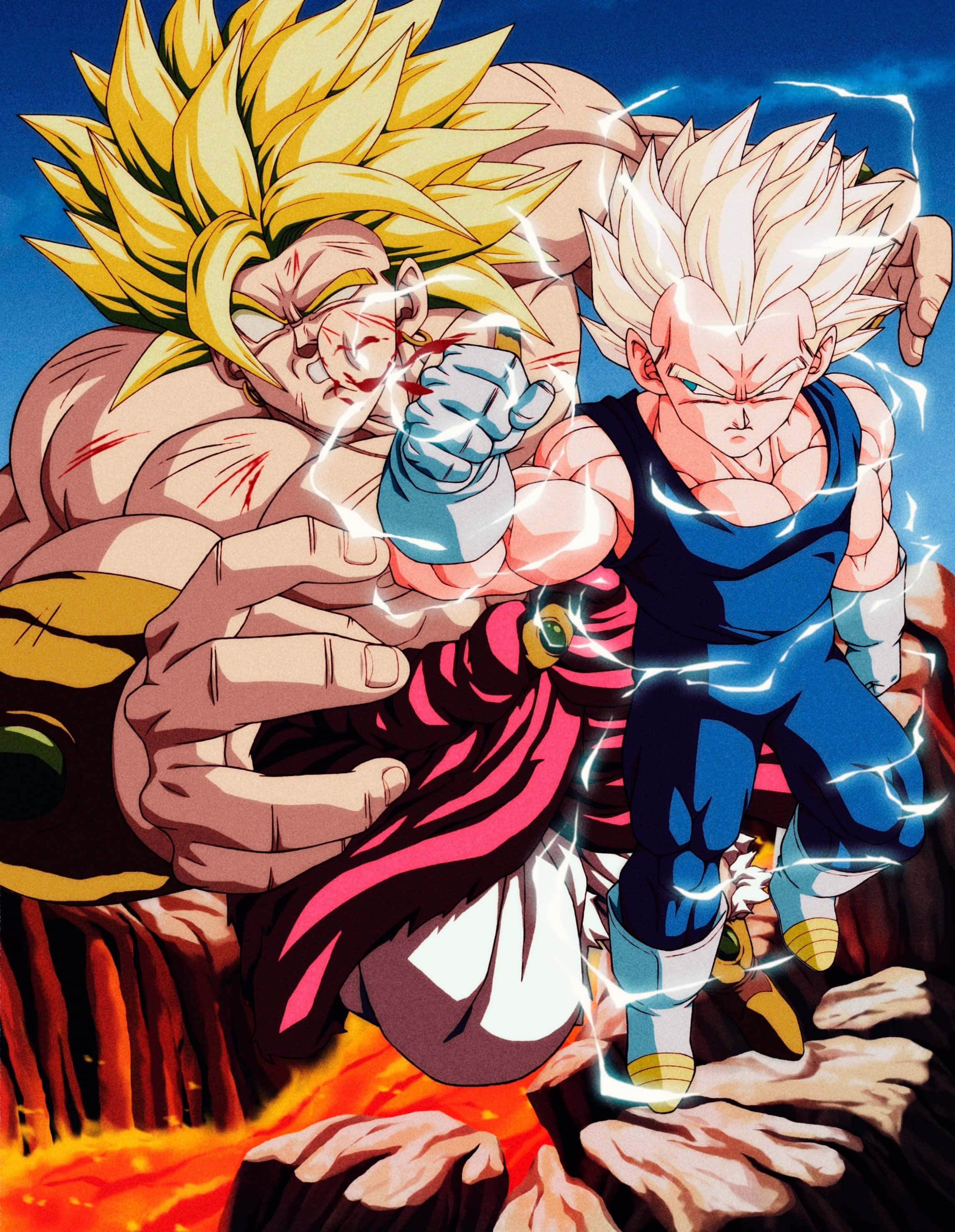 Vegeta And Broly 桌布 壁紙 — 兩名超級撒亞人戰士在熾熱的火山競技場中碰撞，他們之間有噼啪作響的能量。