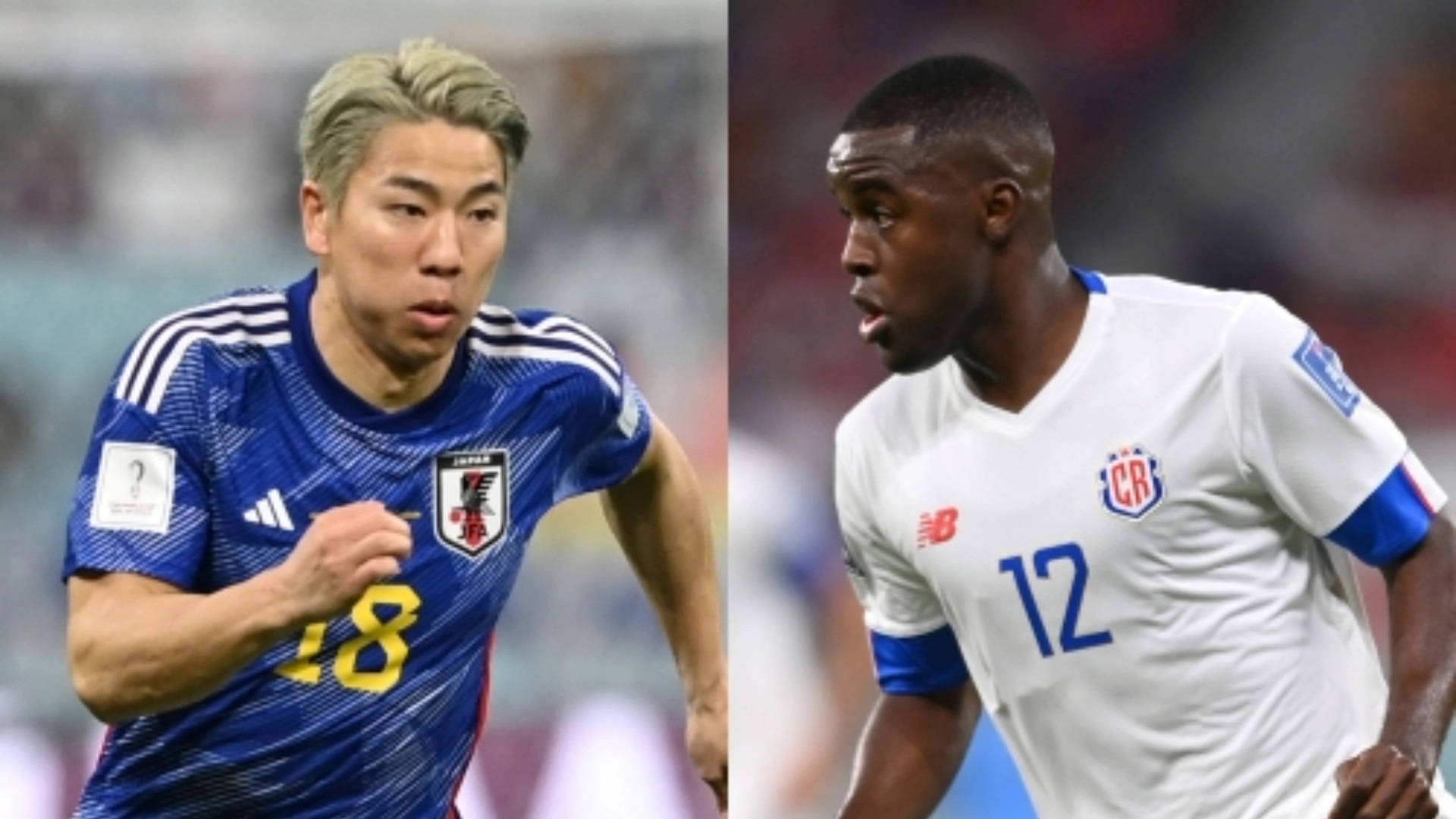 Football Players 桌布 壁紙 — 兩名足球運動員在比賽中專注行動，一人身穿藍色球衣18號，另一人身穿白色球衣12號。