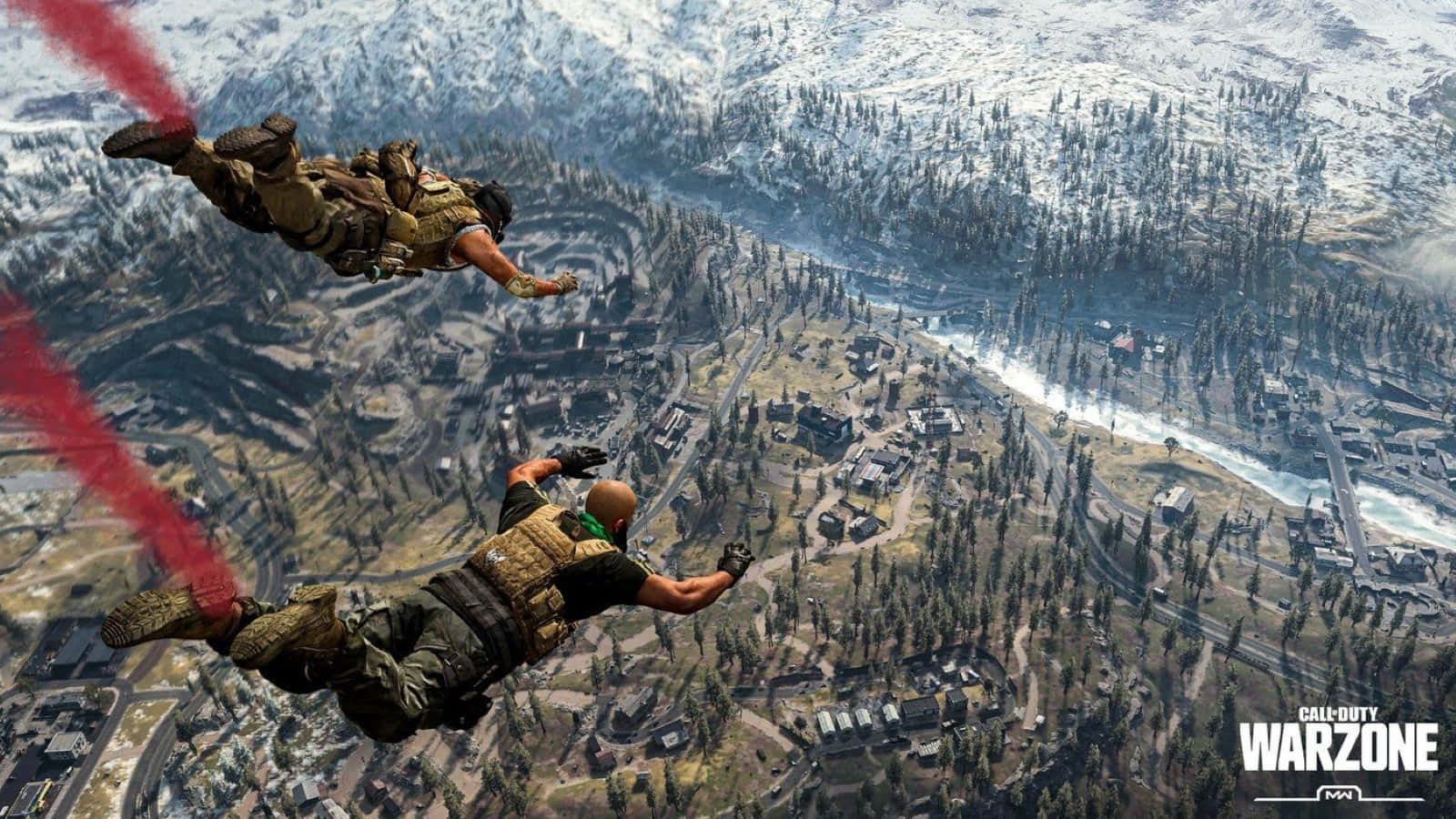 Call Of Duty Battles 桌布 壁紙 — 兩名身穿作戰裝備的士兵在白雪覆蓋的山城上空跳傘，身後留下紅色煙霧痕跡。