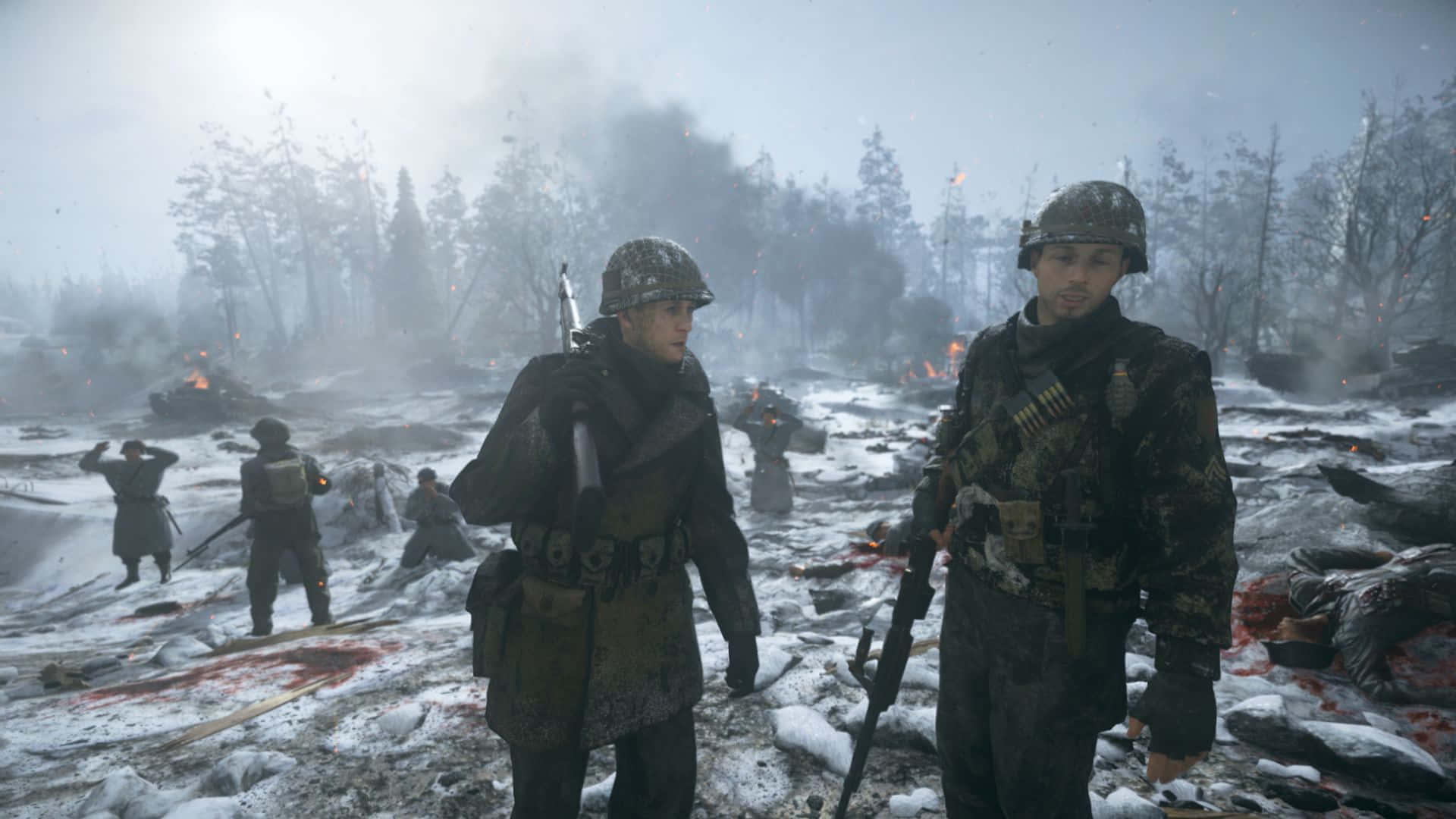 Call Of Duty Battles 桌布 壁紙 — 兩名身穿冬季裝備的士兵站在一個被屍體和燃燒殘骸覆蓋的雪地戰場上，天空灰濛濛的，煙霧瀰漫。