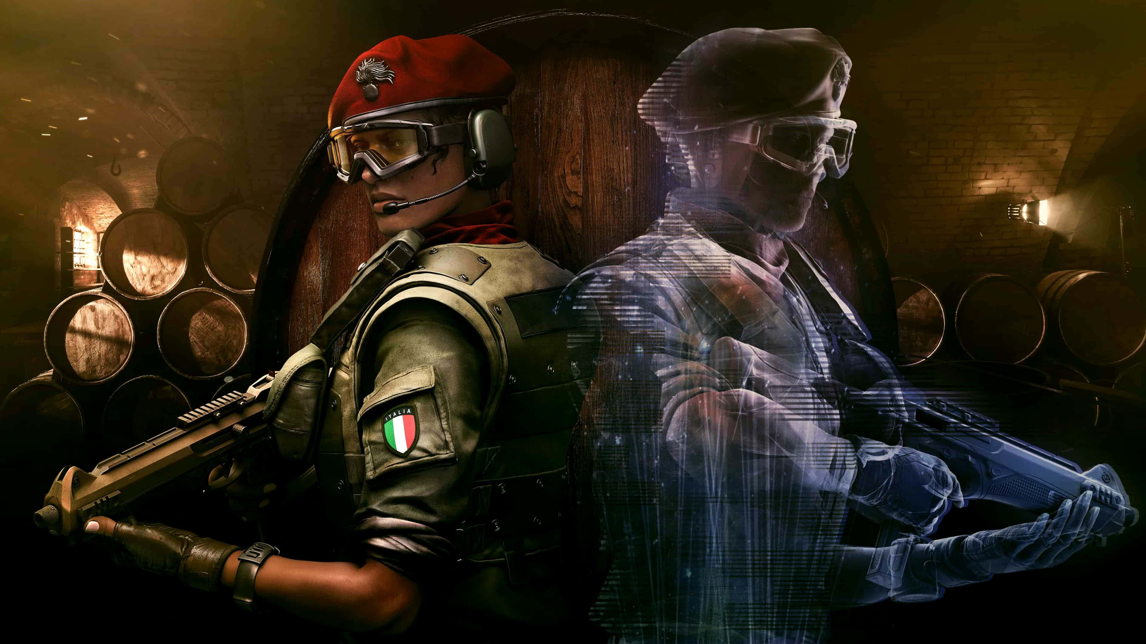 Rainbow Six Siege Operators 桌布 壁紙 — 兩名身穿戰術裝備的士兵在一個裝滿木桶的昏暗倉庫中背靠背站立。