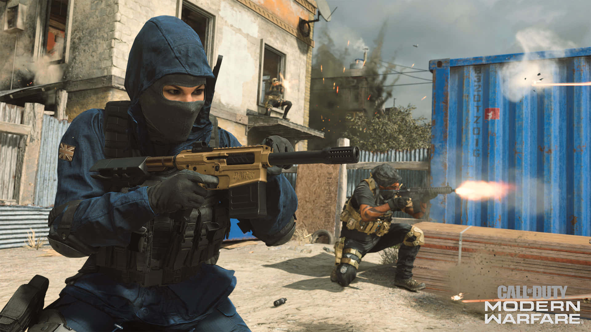 Call Of Duty Ps4 桌布 壁紙 — 兩名身穿戰術裝備的士兵在煙霧和火花四濺的城市瓦礫中開火。