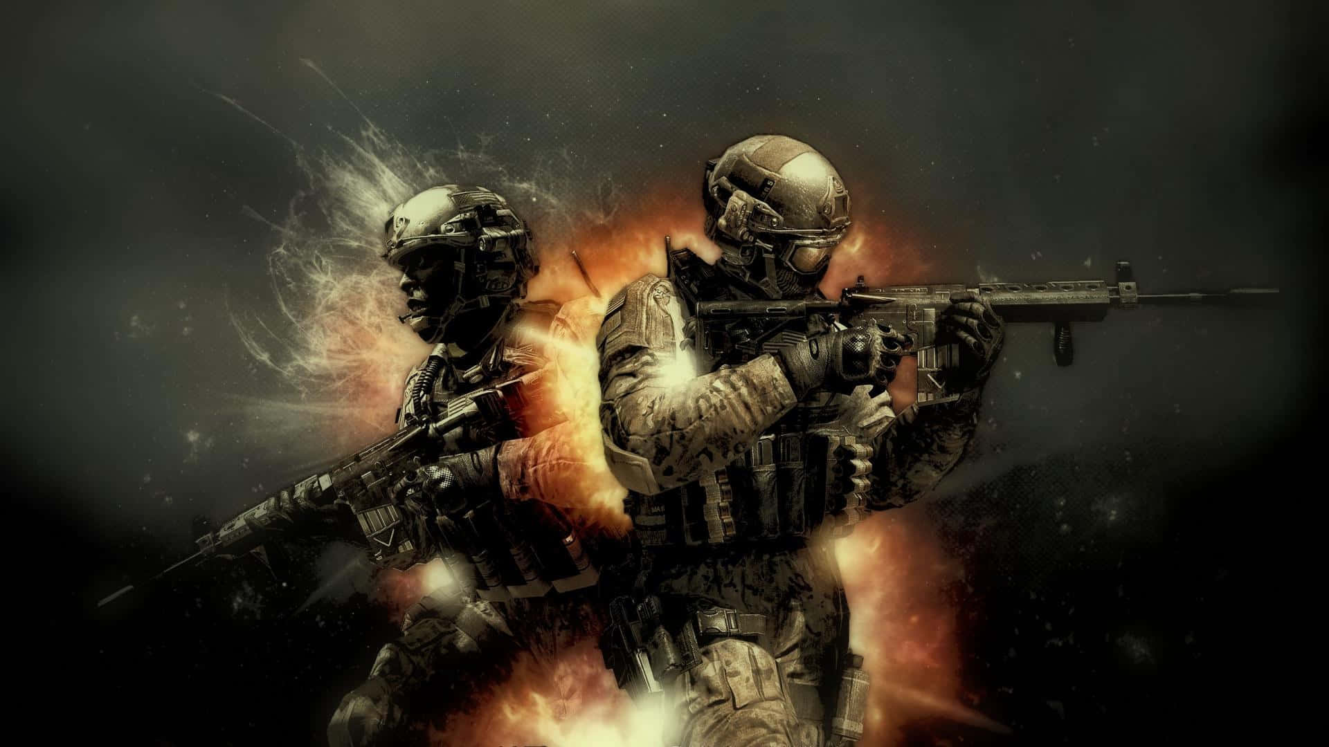 Call Of Duty Weapons 桌布 壁紙 — 兩名身穿戰術裝備的士兵在黑暗戰場背景下，手持武器穿過熾熱的煙霧前進。