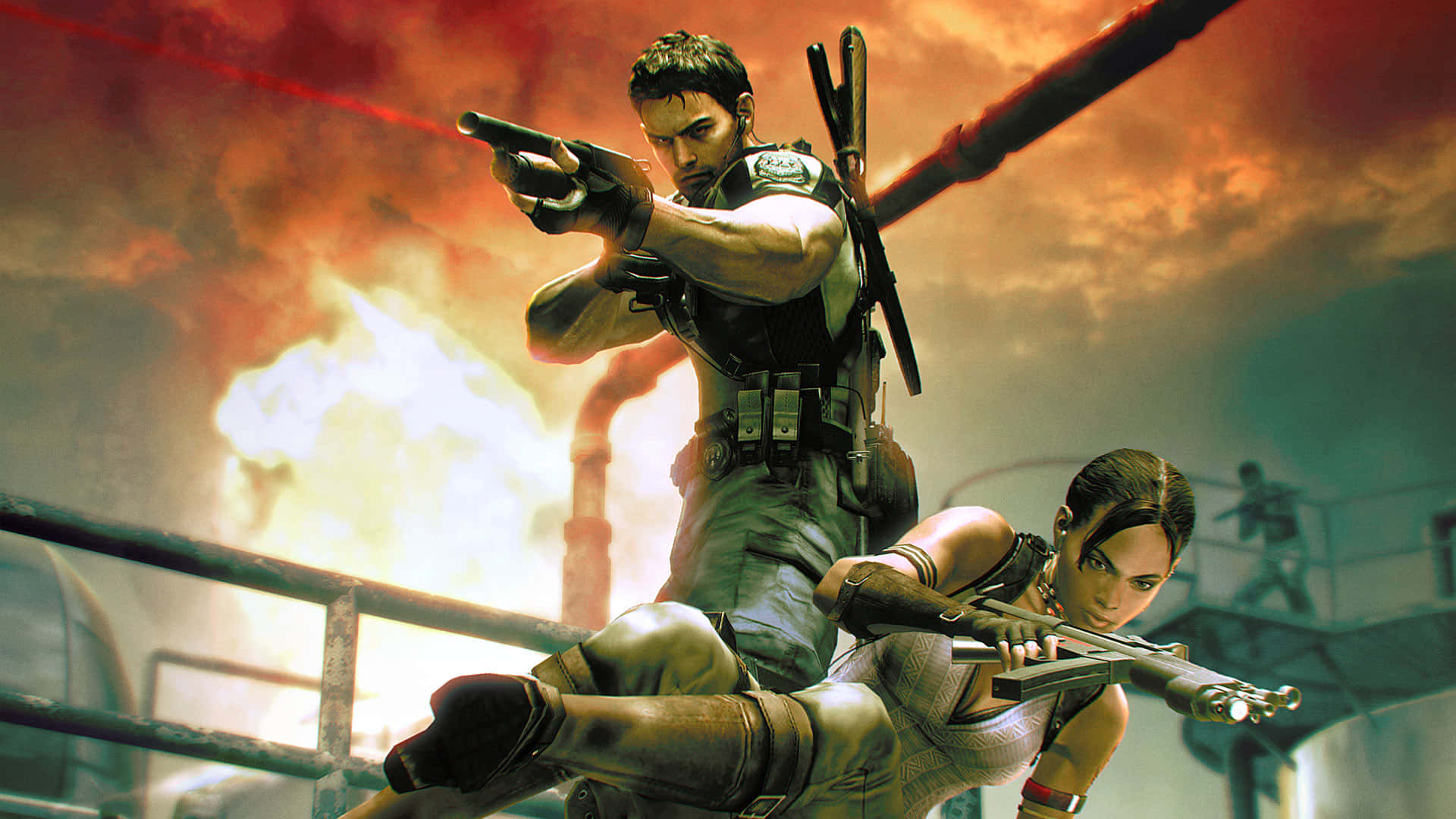 Resident Evil Characters 桌布 壁紙 — 兩名身穿戰術裝備的武裝主角在熾熱爆炸和工業結構中瞄準武器，背景是戲劇性的橙色天空。