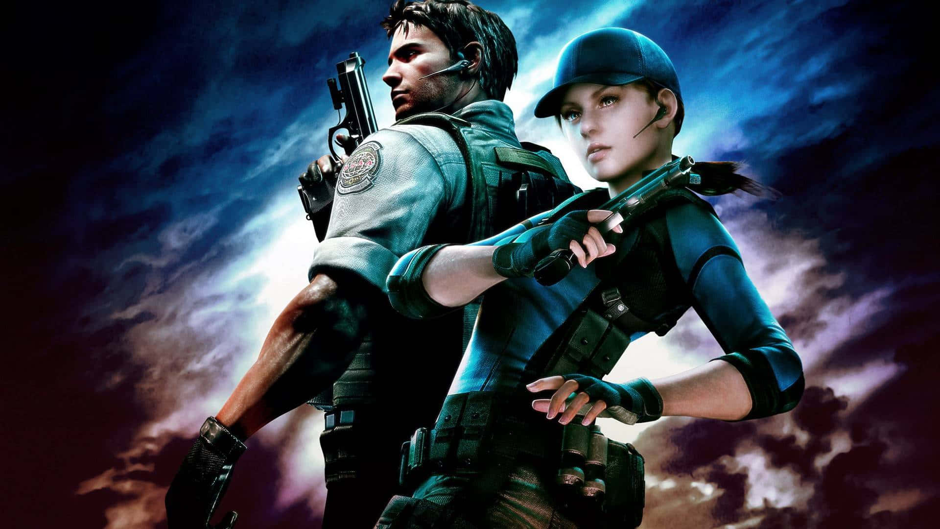Resident Evil Characters 桌布 壁紙 — 兩名身穿戰術裝備的武裝倖存者在暴風雨黃昏的天空下，於戲劇性的電子遊戲場景中準備就緒。