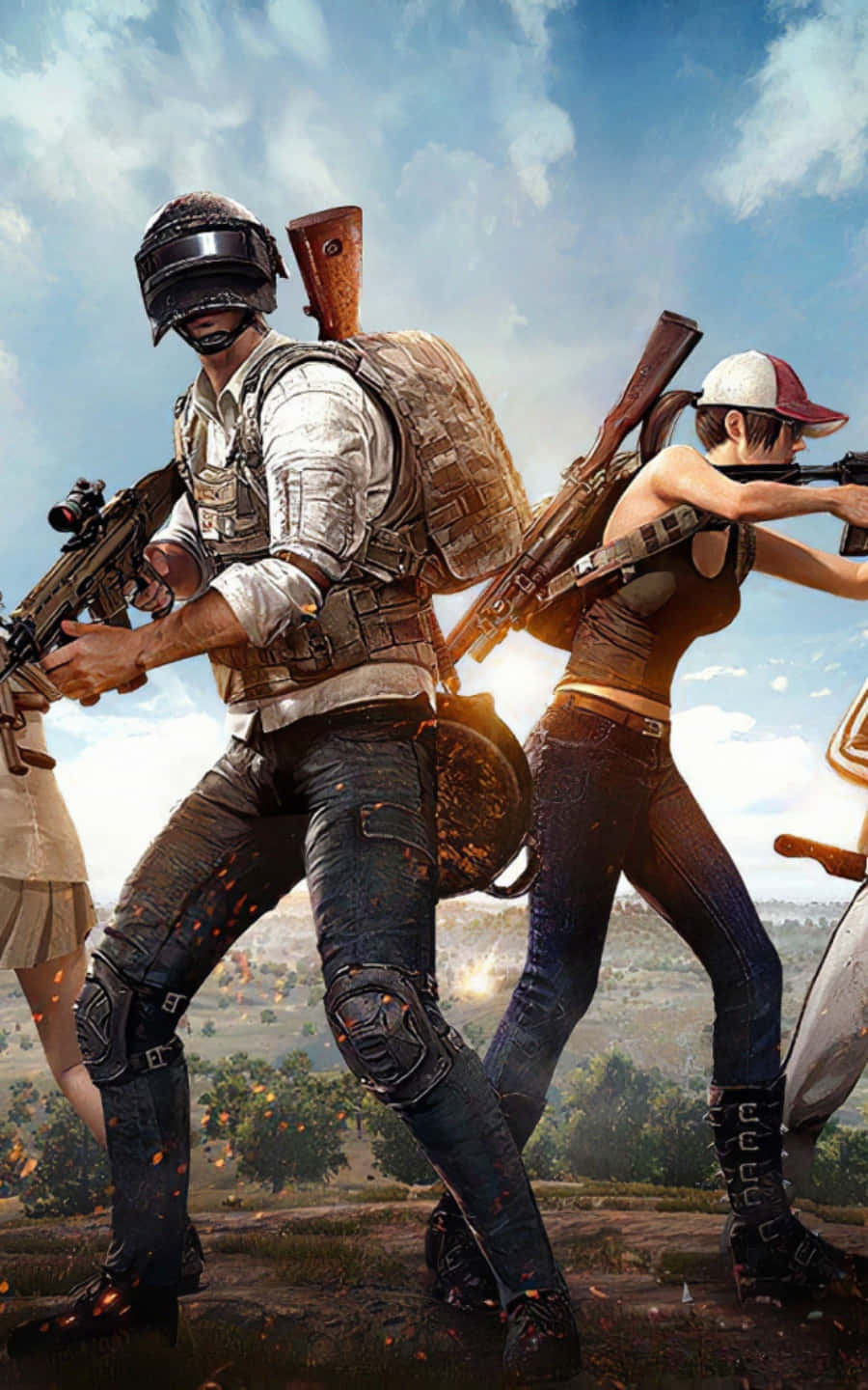 PUBG 桌布 壁紙 — 兩名身穿戰術裝備的武裝玩家在陽光照耀的戰場上奔跑，身後伴隨著爆炸。