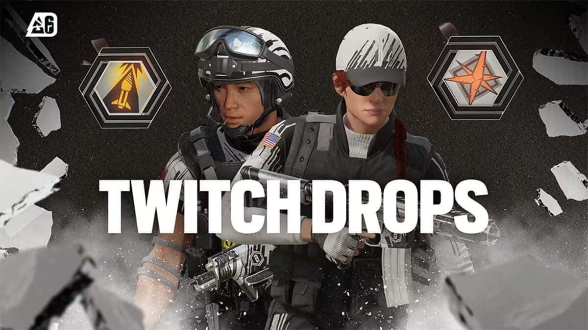 Rainbow Six Siege Twitch 桌布 壁紙 — 兩名身穿戰術裝備的玩家在破碎背景前準備就緒，帶有「Twitch Drops」文字。