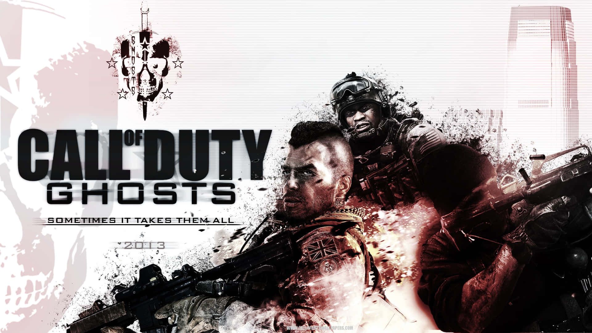 Call Of Duty Ghosts 桌布 壁紙 — 兩名身穿戰鬥裝備、手持步槍的士兵站在一個 gritty 的城市背景前，帶有血濺效果和 Call of Duty Ghosts 標誌。