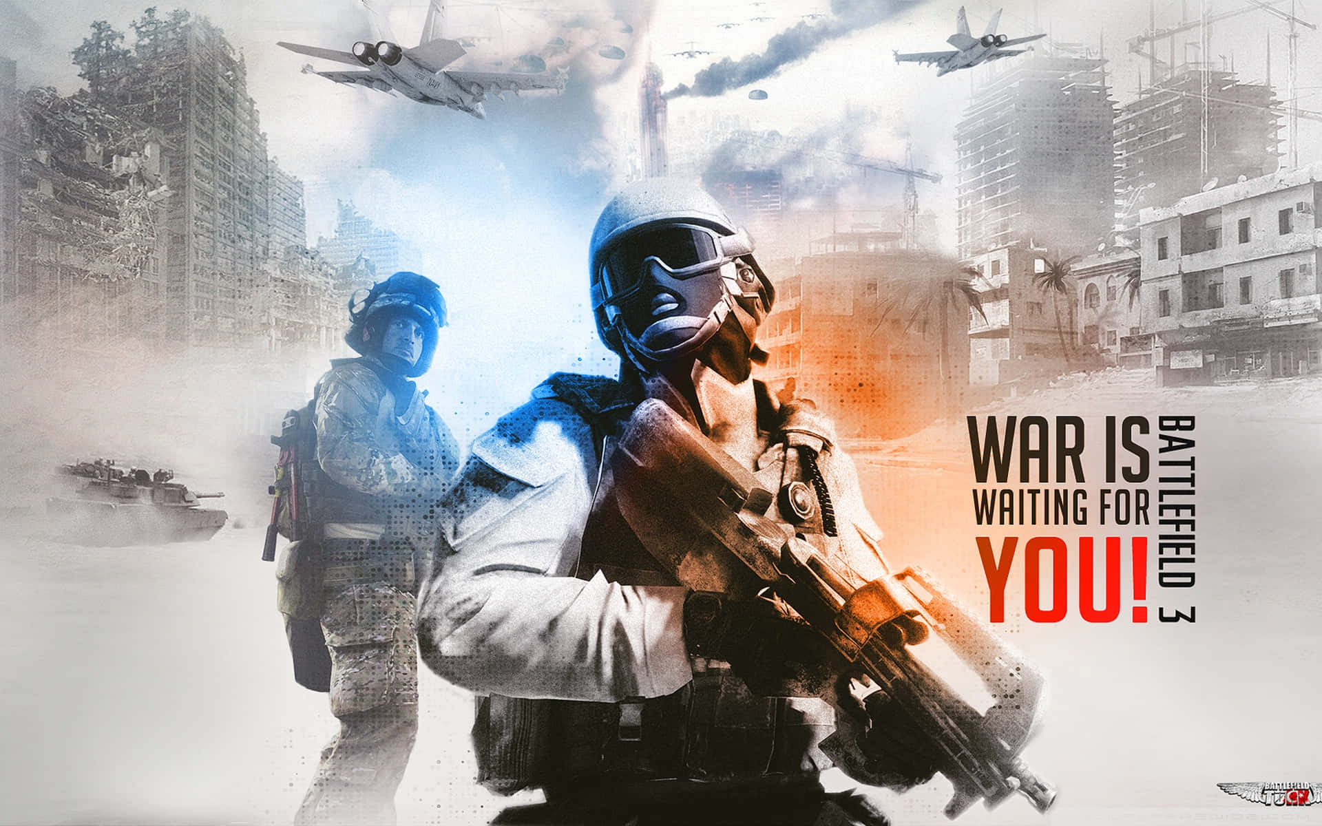 Battlefield 桌布 壁紙 — 兩名身穿戰鬥裝備的士兵在煙霧和廢墟中，於戰機和坦克環繞的戰火摧殘城市景觀中準備就緒。