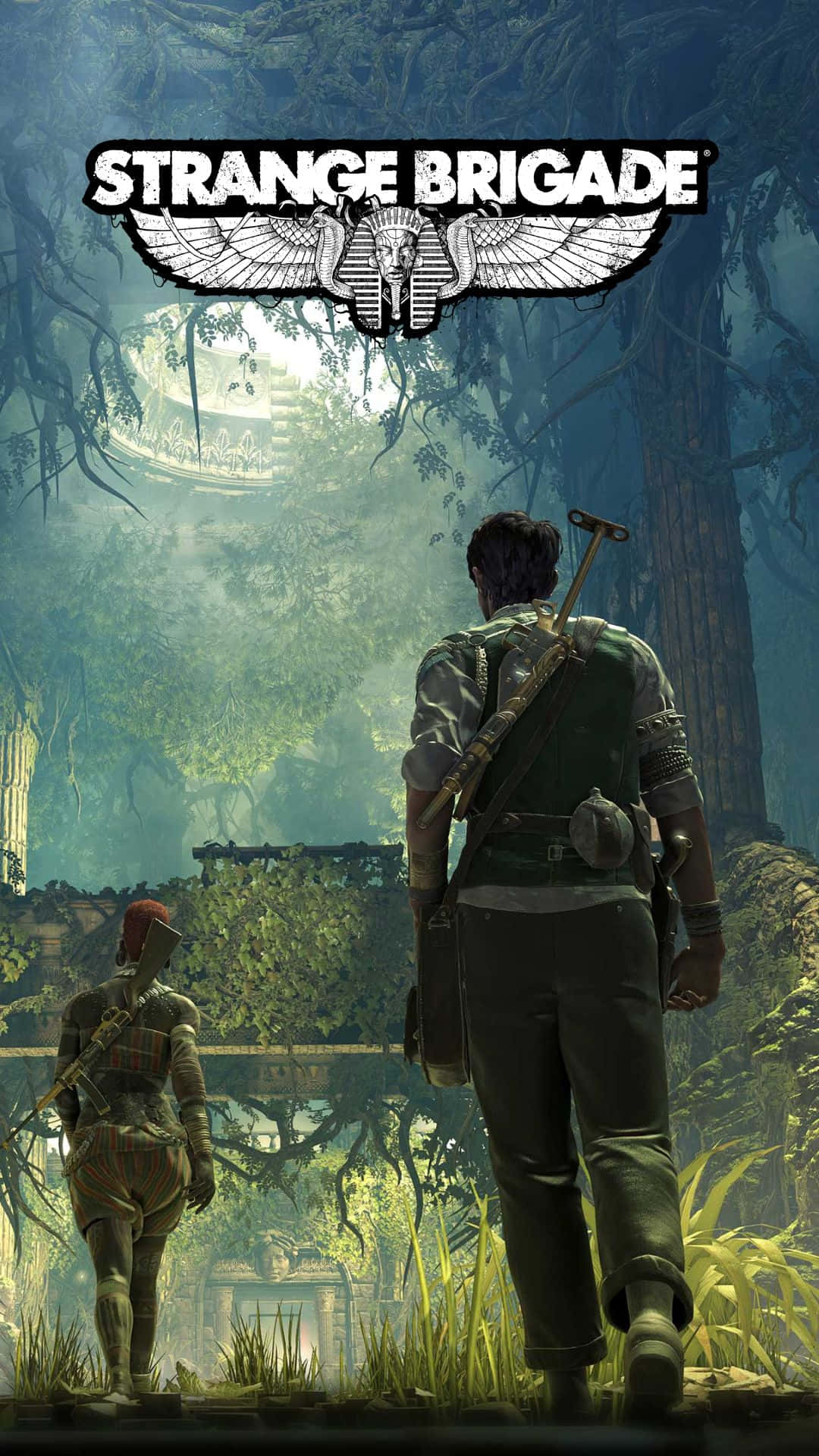 Android Strange Brigade 桌布 壁紙 — 兩名身穿探險裝備的冒險者穿過迷霧叢林，走向一座散發著空靈光芒的古埃及遺跡。