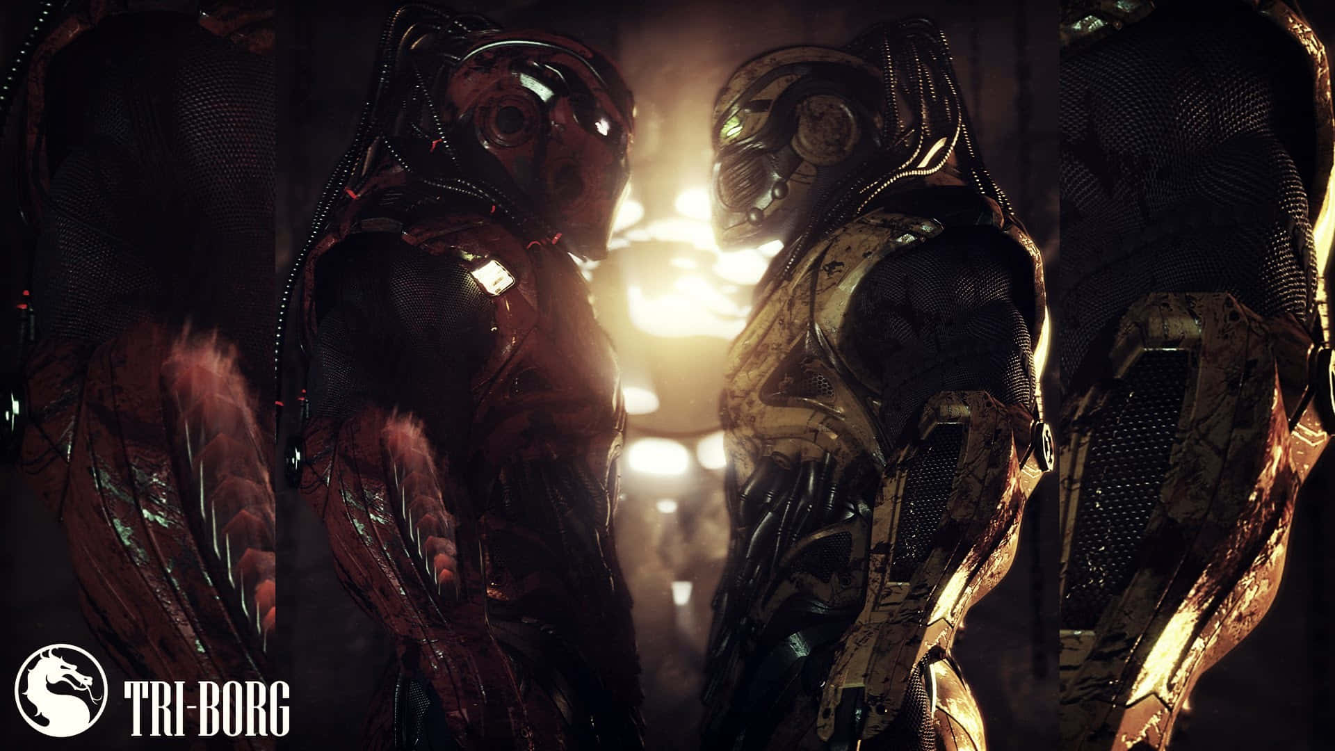 Mortal Kombat Triborg 桌布 壁紙 — 兩名身穿暗色未來風格裝甲的戰士在昏暗的競技場中對峙，身後有發光的燈光。