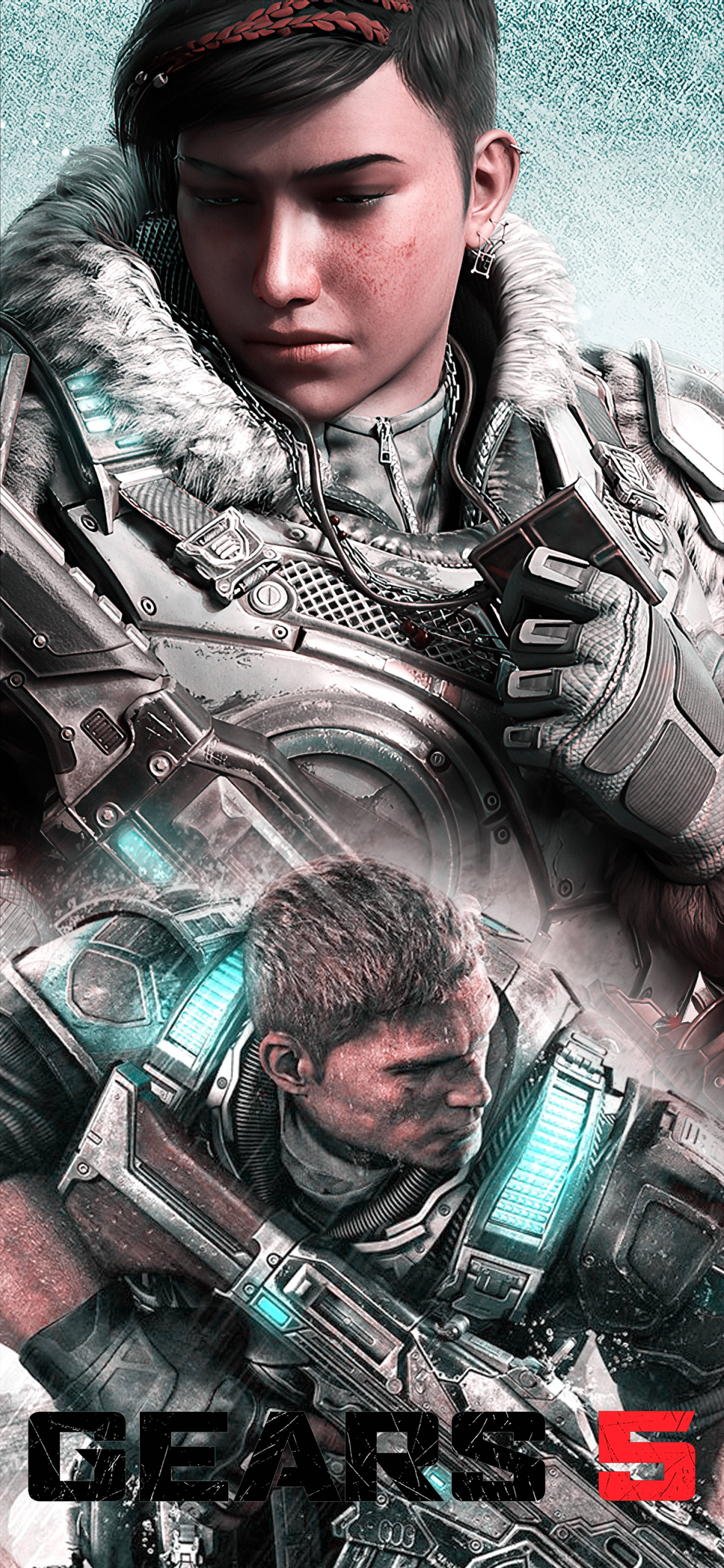 gears 5 iPhone 桌布 壁紙 — 兩名身穿未來裝備的裝甲士兵，在帶有發光藍色點綴的粗糙金屬背景前莊嚴站立。