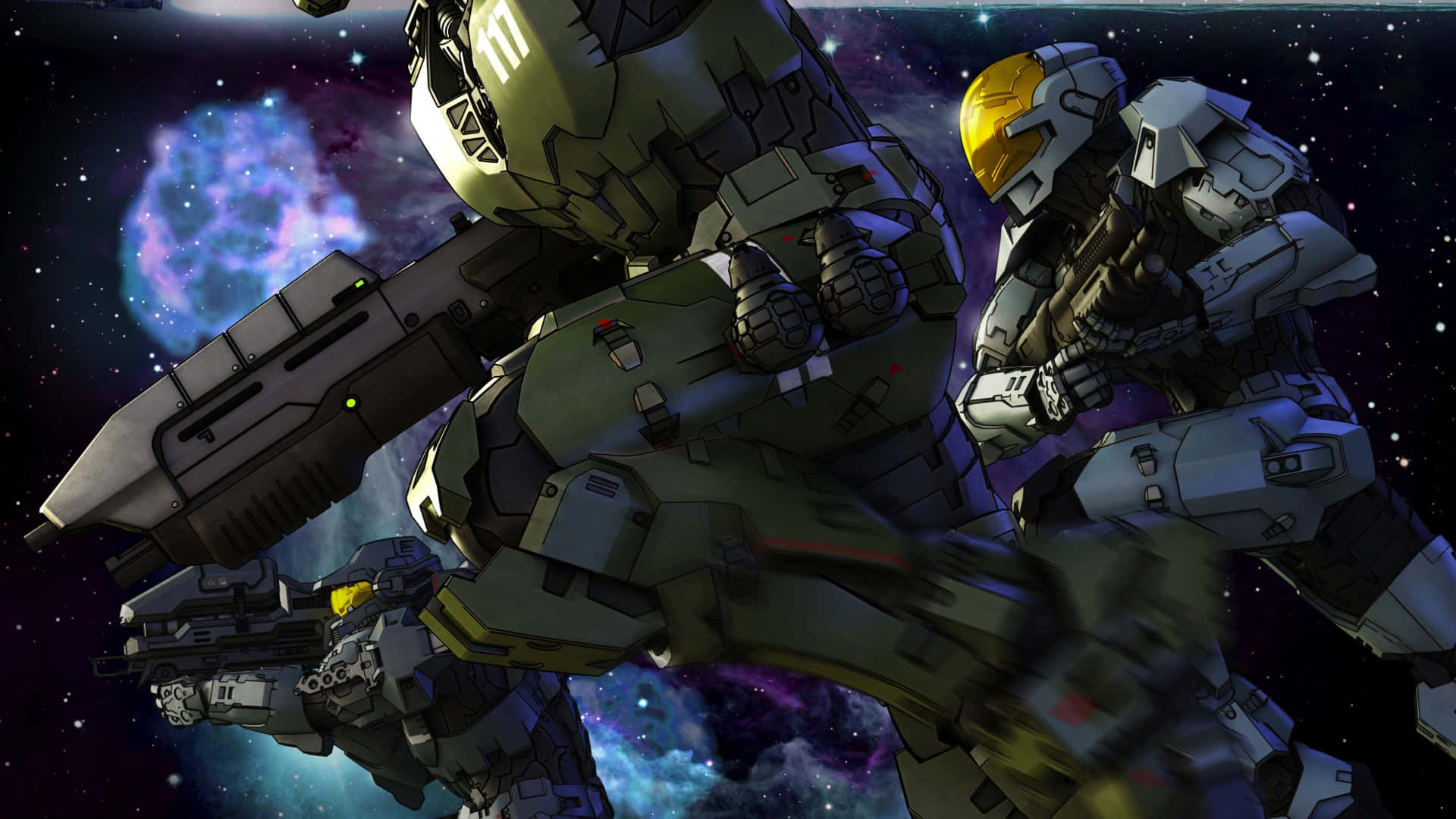 Halo 5 Blue Team 桌布 壁紙 — 兩名身穿未來裝備的裝甲士兵在充滿活力的星雲背景下進行動態太空戰鬥。