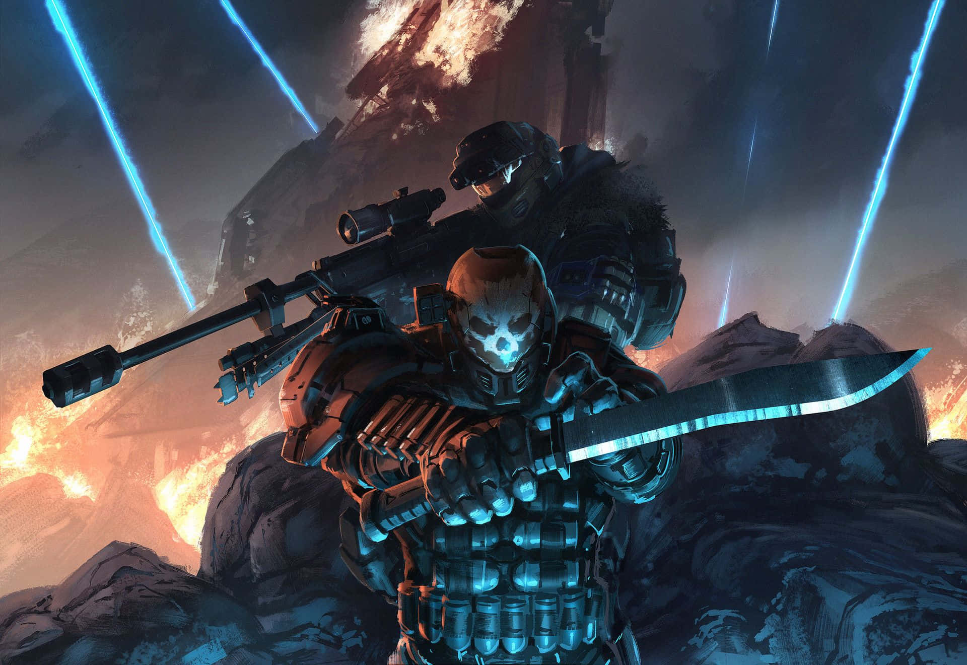 Halo Emile 桌布 壁紙 — 兩名身穿未來裝備的裝甲士兵在岩石地形上準備就緒，藍色能量光束刺穿熾熱的天空。