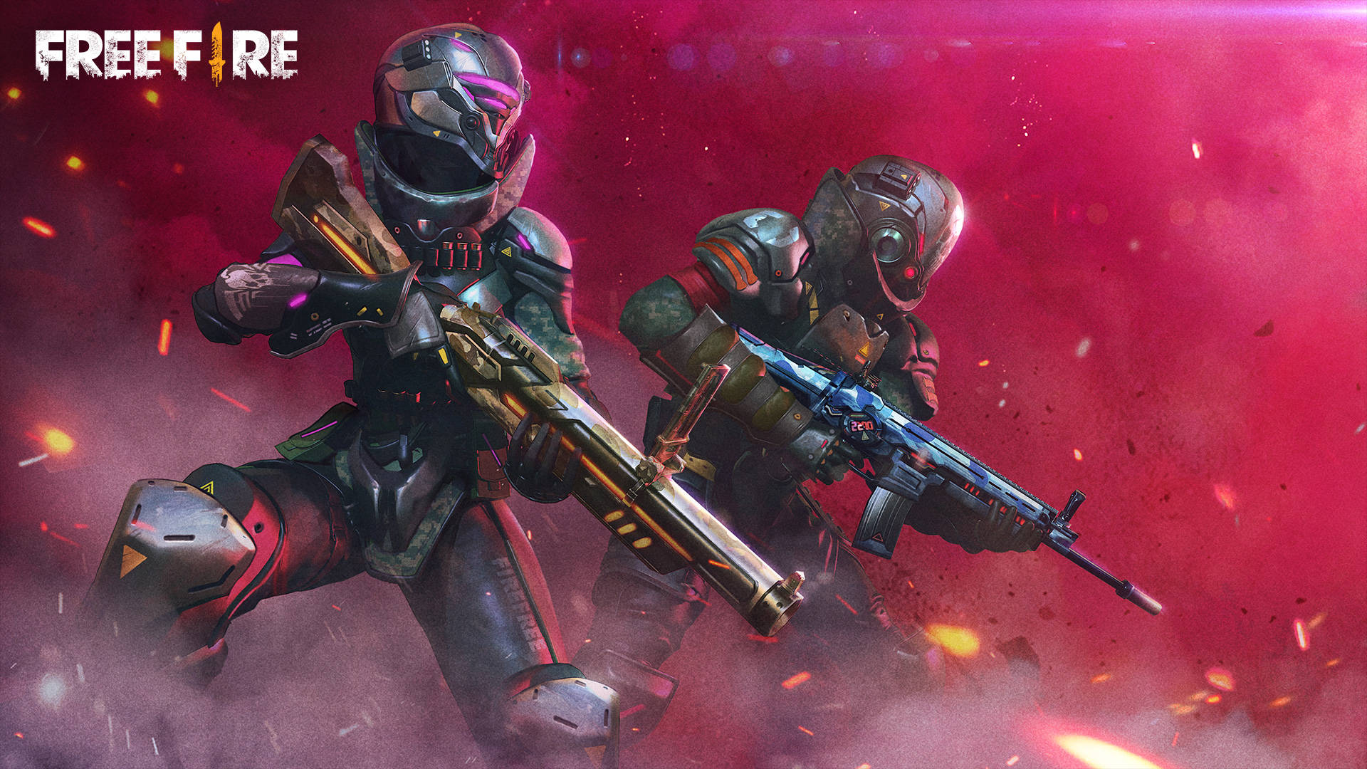 Free Fire Snipers 壁紙 — 兩名身穿未來裝備的裝甲士兵在爆炸火花中開火，背景是鮮紅色。