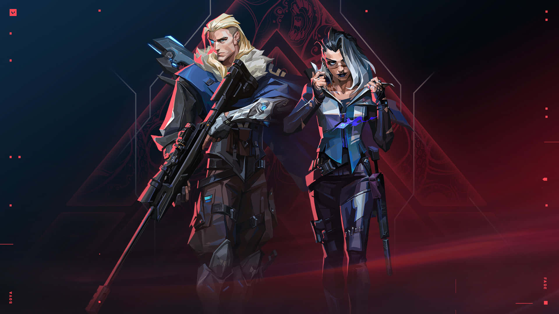 Valorant Agents 桌布 壁紙 — 兩名身穿未來裝甲的 Cyberpunk 士兵手持武器，在發光的紅色和深藍色數位背景下準備就緒。