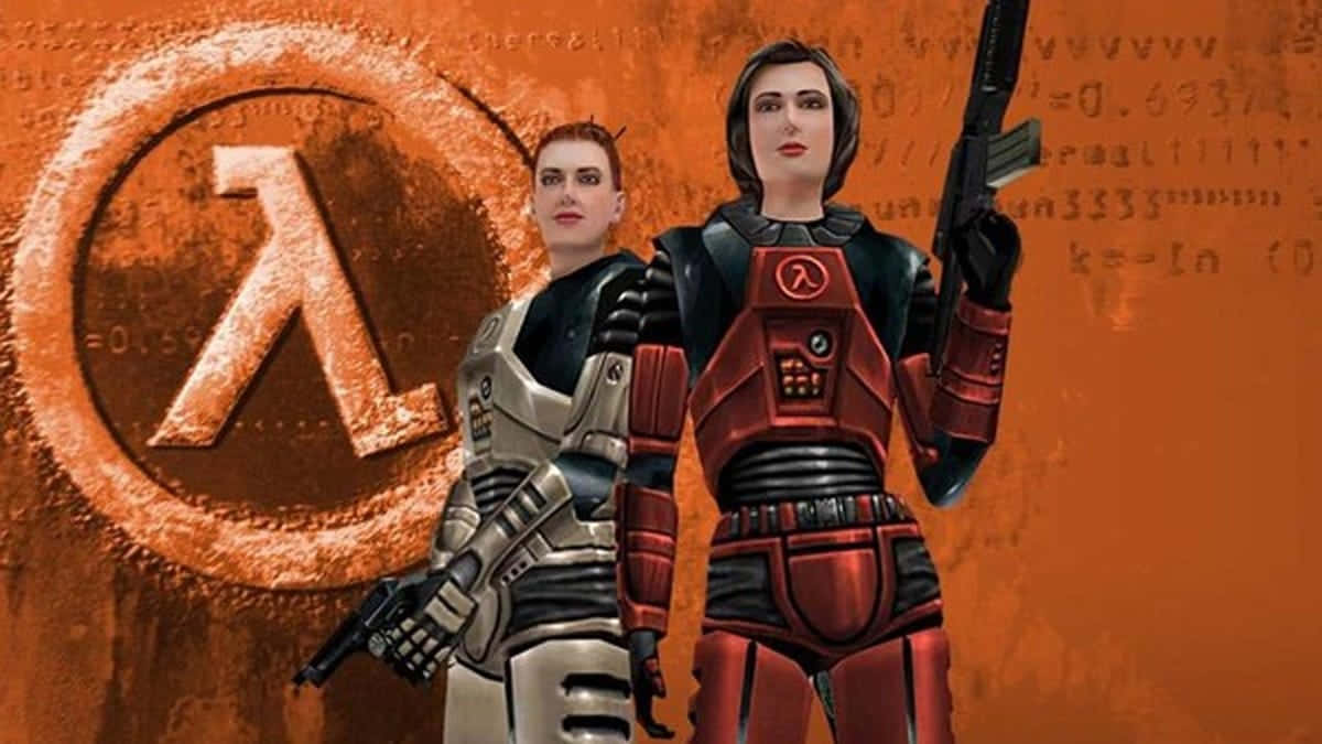 Half-life Characters 桌布 壁紙 — 兩名身穿未來裝甲的女兵站在發光的橙色 lambda 符號前，背景有數學方程式。