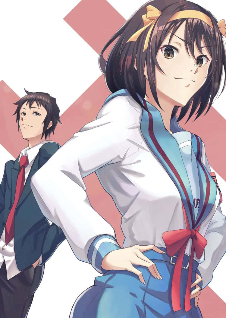 Kyon 桌布 壁紙 — 兩名身穿校服的動漫學生在粉紅色幾何背景前自信地擺姿勢。