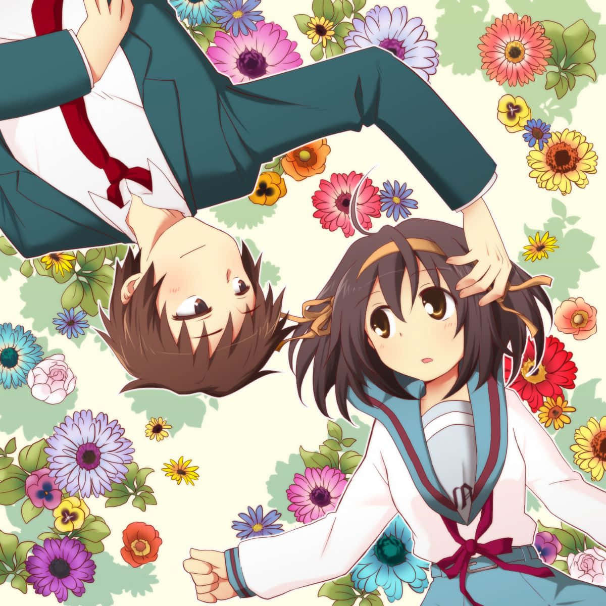 Kyon 桌布 壁紙 — 兩名身穿校服的動漫學生在色彩繽紛的花朵爆炸中嬉戲互動。