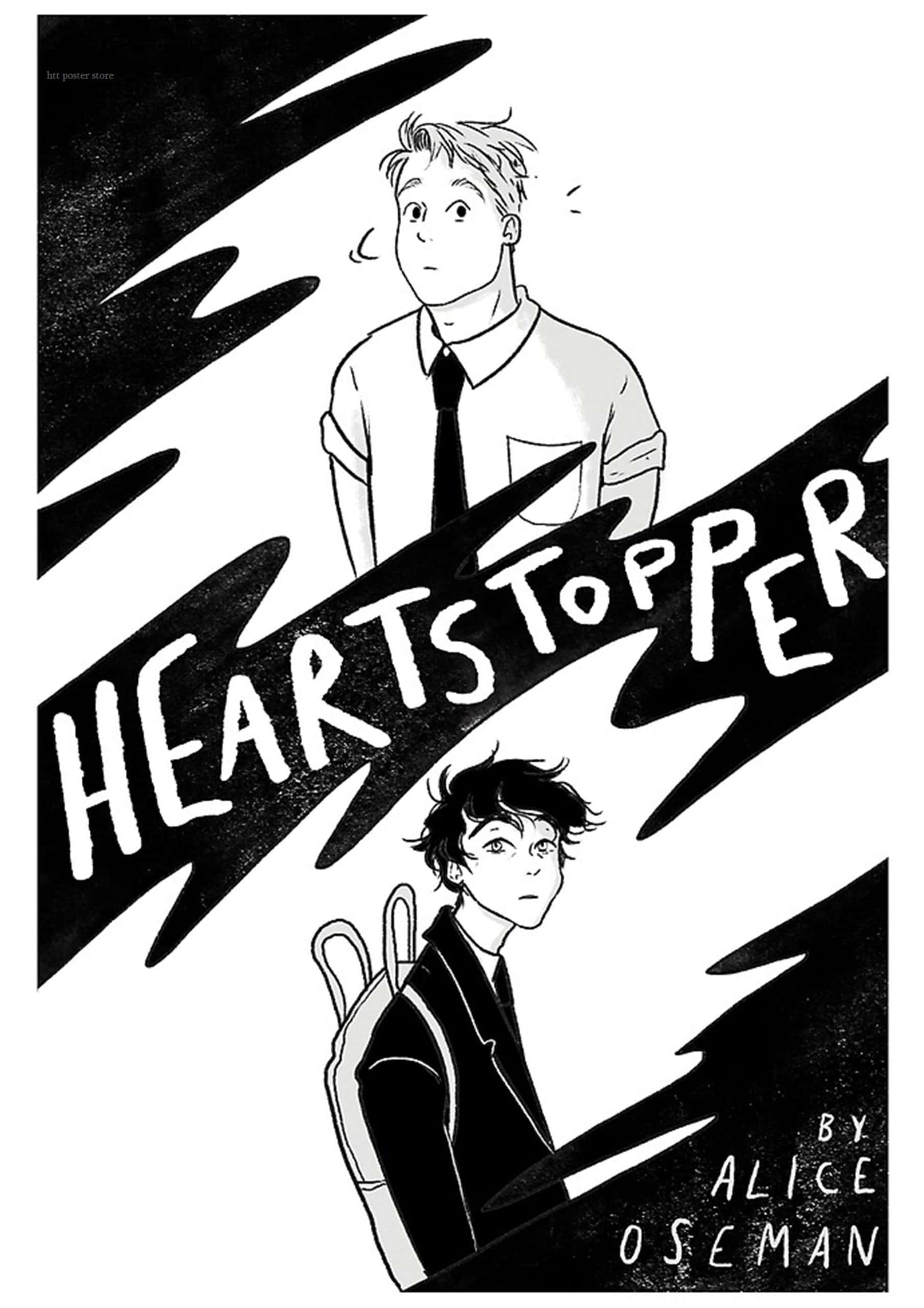 Heartstopper 桌布 壁紙 — 兩名身穿校服的男孩在粗黑閃電圍繞下向上仰望，閃電框住了標題 Heartstopper。