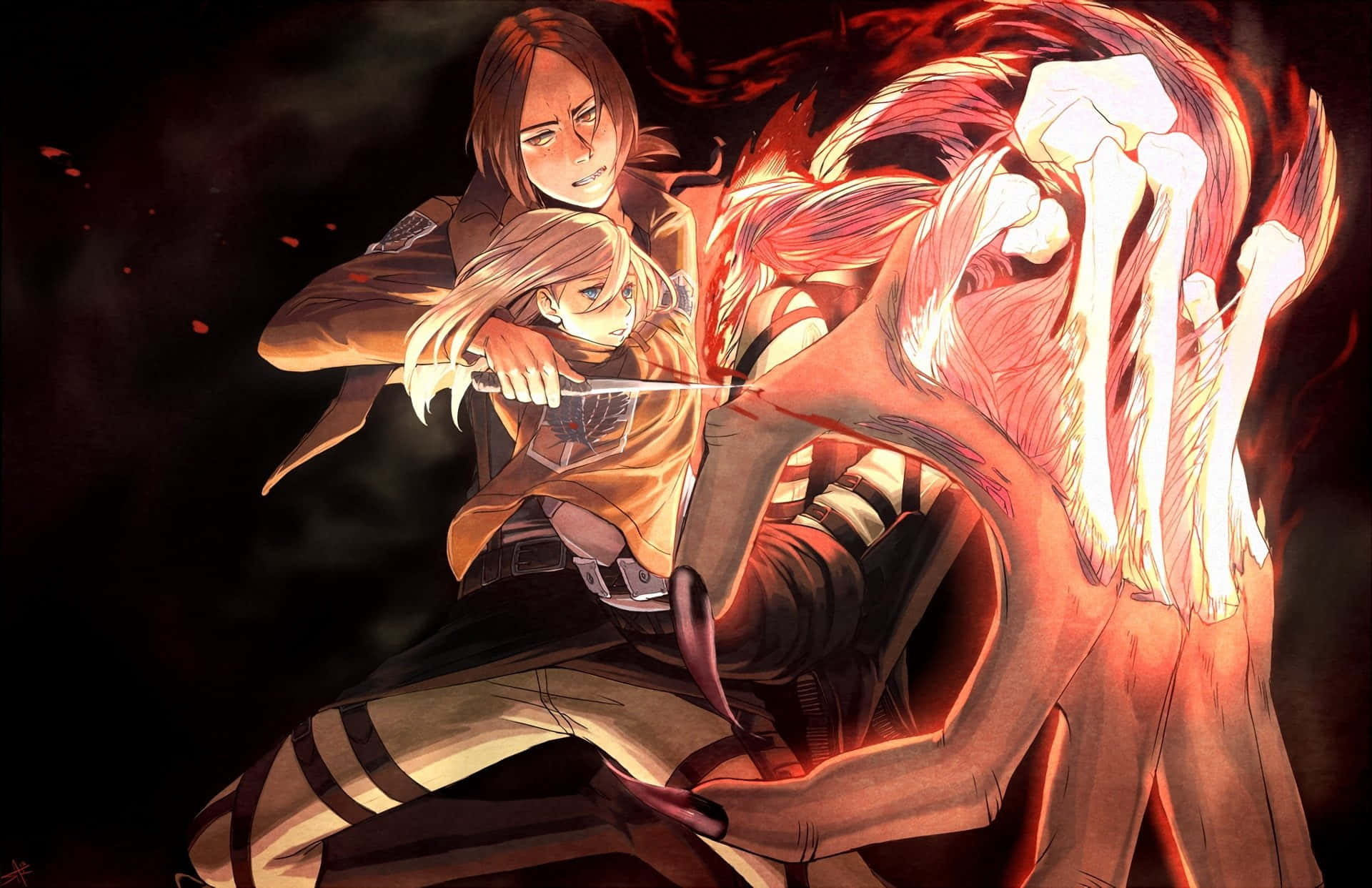 Attack On Titan Season 2 桌布 壁紙 — 兩名身穿橙色制服嘅動漫戰士喺黑暗煙霧背景中，斬向一個發光紅色、有骨狀肢體嘅巨人。