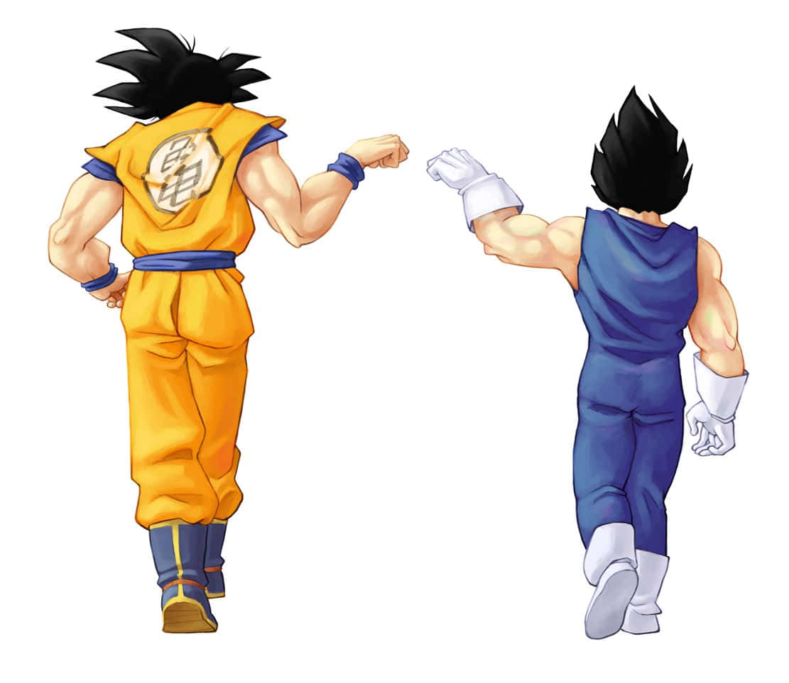 Vegeta And Goku 桌布 壁紙 — 兩名身穿橙色和藍色道服的肌肉發達動漫戰士背對背舉起拳頭對峙。
