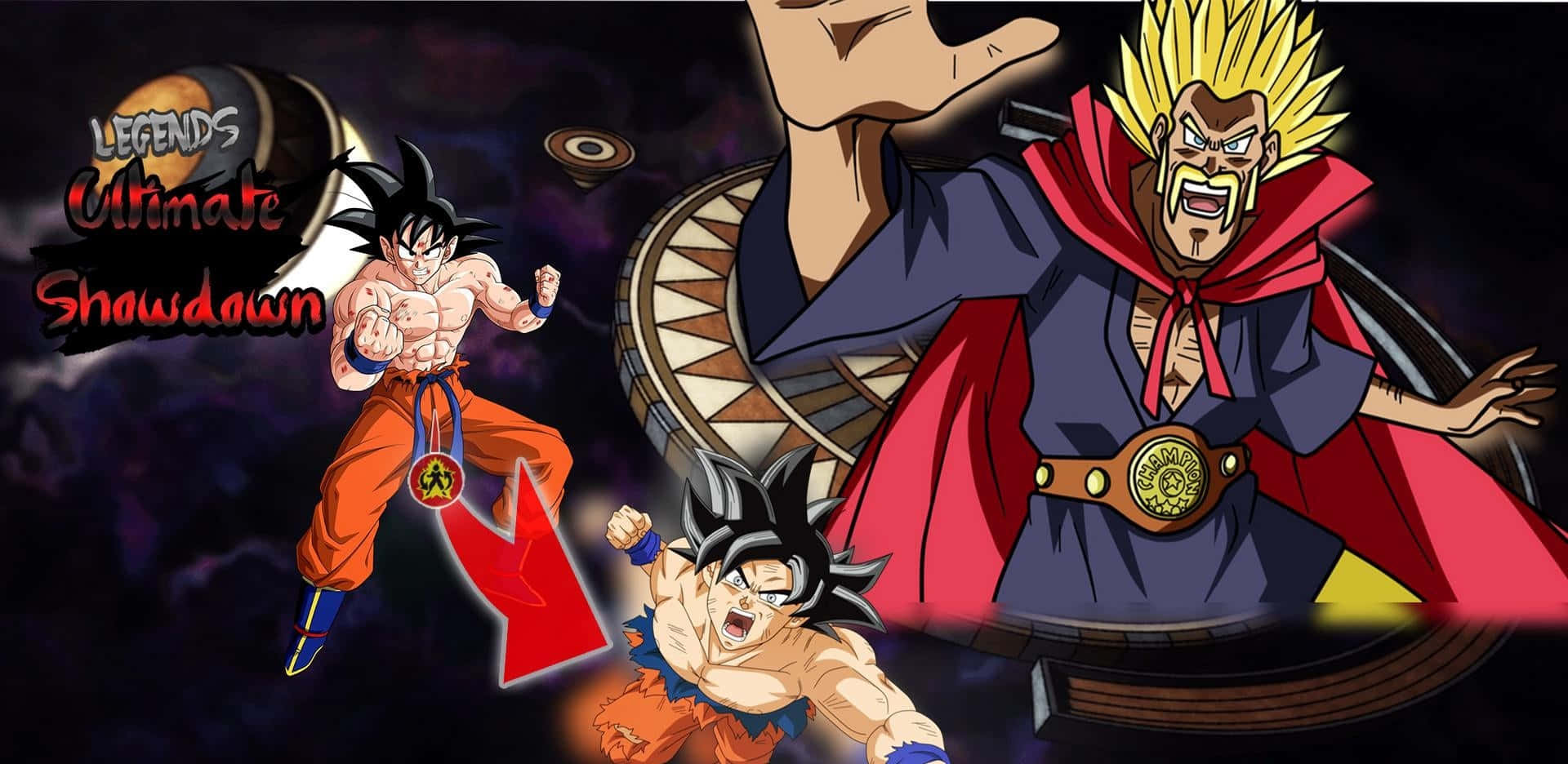 Hercule Satan 桌布 壁紙 — 兩名身穿橙色衣服的肌肉發達動漫戰士在黑暗的宇宙競技場中與一名尖刺頭髮的惡棍戰鬥。