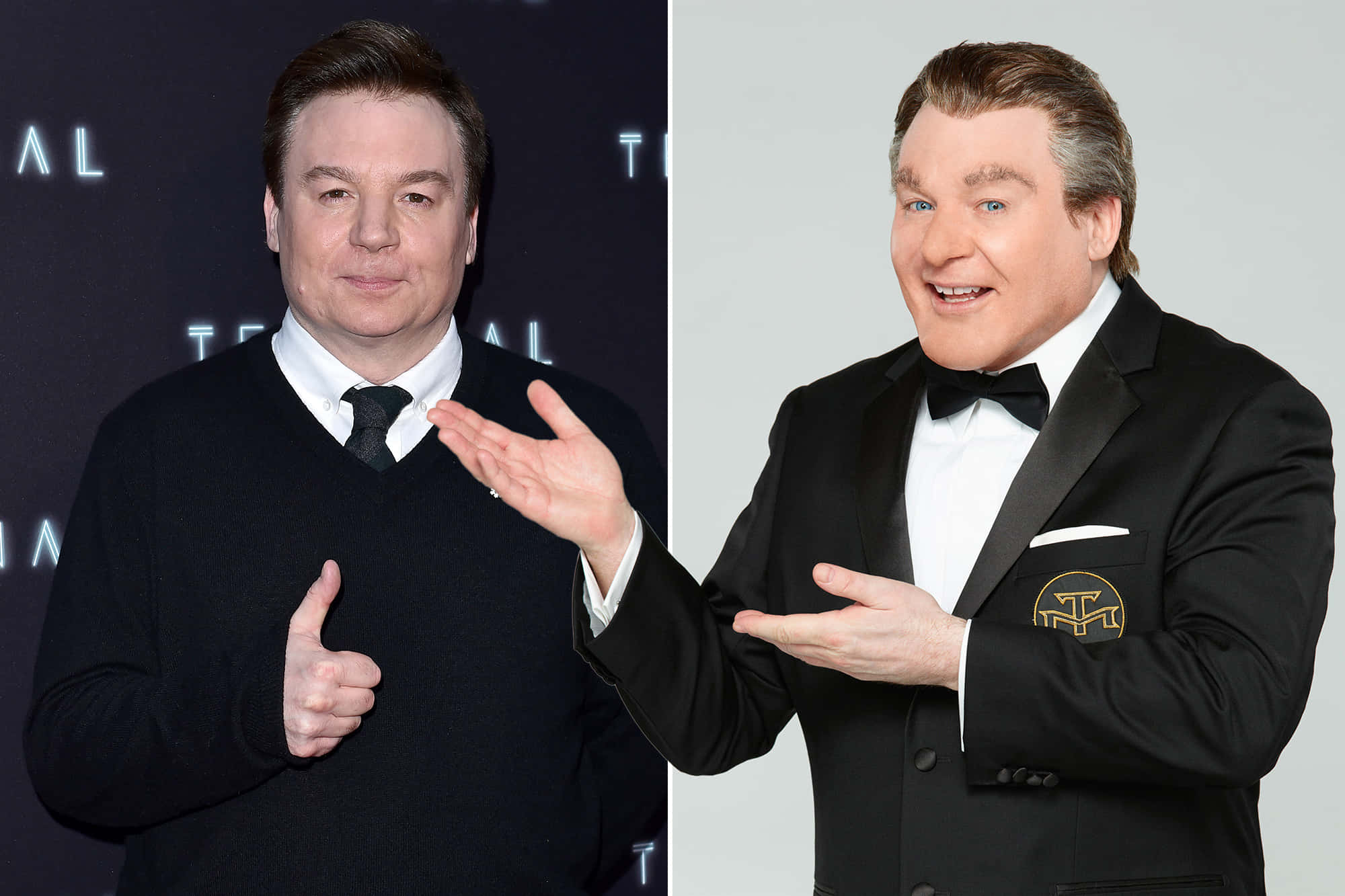 Mike Myers 桌布 壁紙 — 兩名身穿正式服裝的男子並排擺姿勢，一人穿黑色毛衣豎起大拇指，另一人穿燕尾服愉快地做手勢。