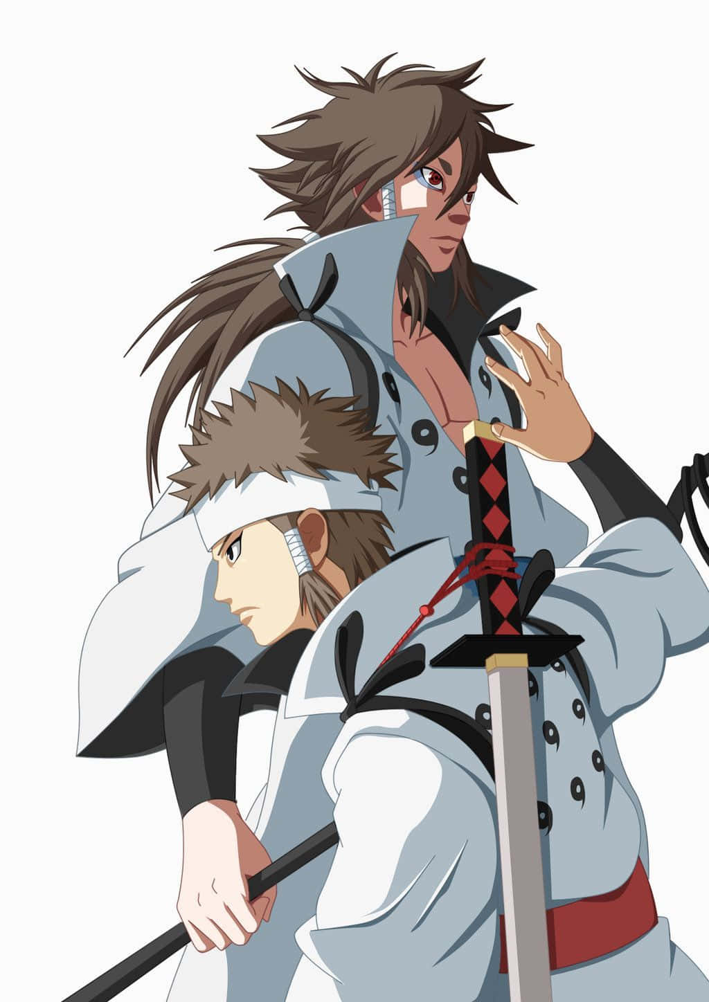Asura ōtsutsuki 桌布 壁紙 — 兩名身穿淺藍色外套的動漫戰士背靠背站立，手持劍，背景為純白色。
