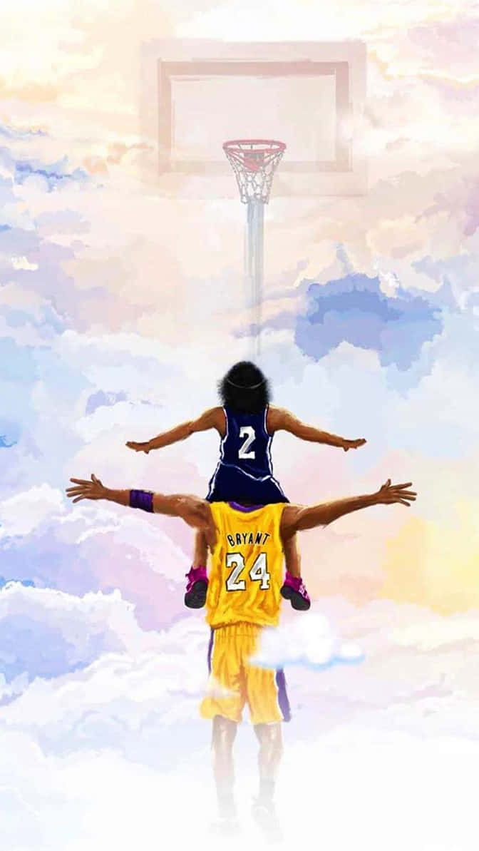 Kobe And Gigi 桌布 壁紙 — 兩名身穿球衣的籃球運動員穿過雲層向上跳躍，朝向漂浮在天空中的籃框。