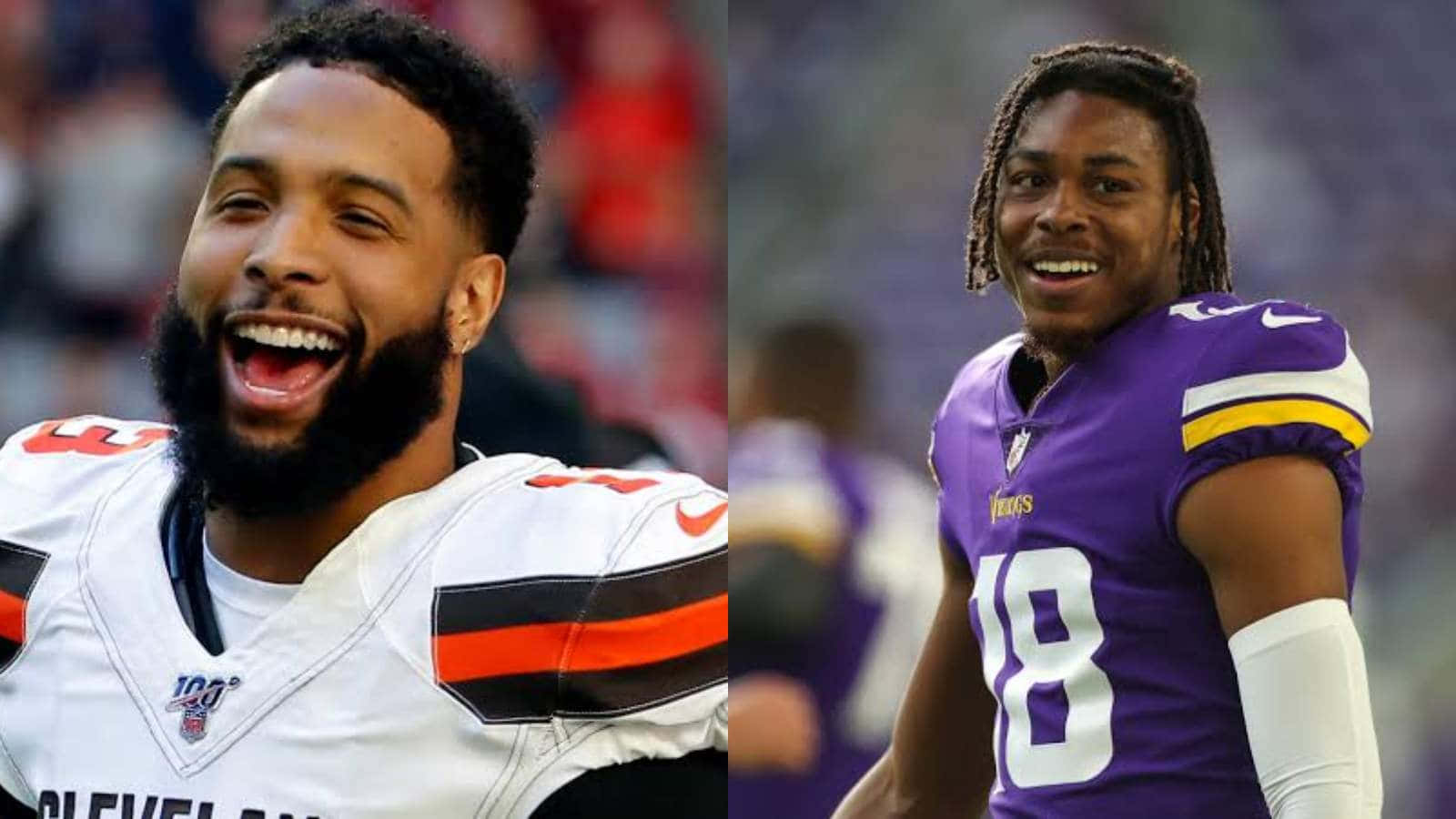 Obj 桌布 壁紙 — 兩名身穿球隊制服、喜悅的NFL美式足球運動員在比賽中咧嘴大笑，背景是體育場的人群。