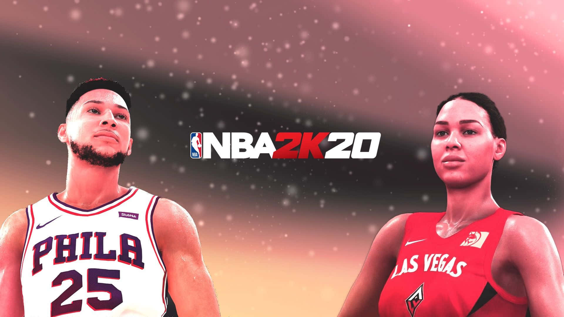 NBA 2k20 桌布 壁紙 — 兩名身穿球隊球衣的NBA 2K20籃球運動員站在發光漸變背景前，背景中有漂浮的粒子。