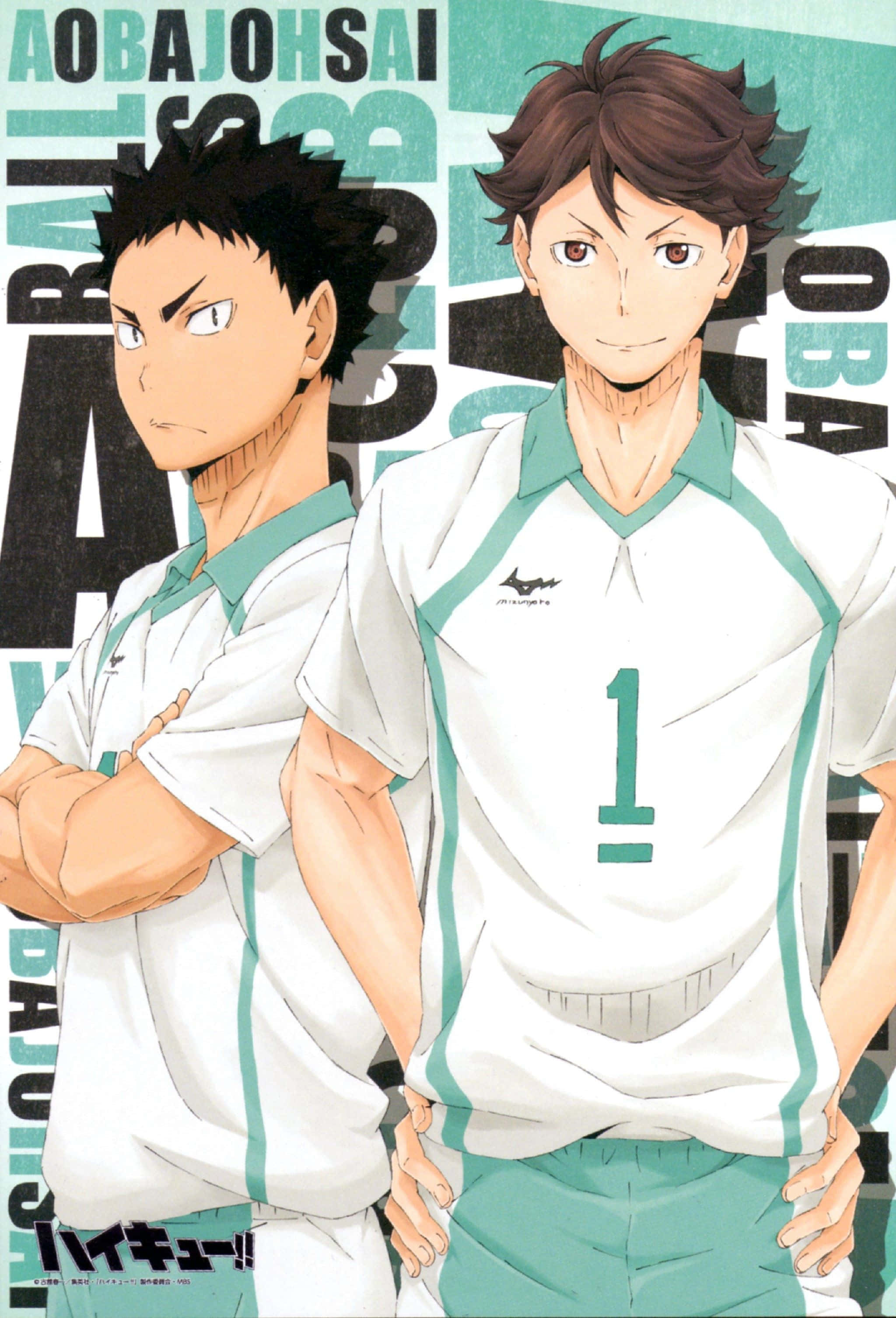 iwaizumi hajime 桌布 壁紙 — 兩名身穿白色和青綠色制服、意志堅定的動漫排球選手，自信地站在大膽的圖形背景前。