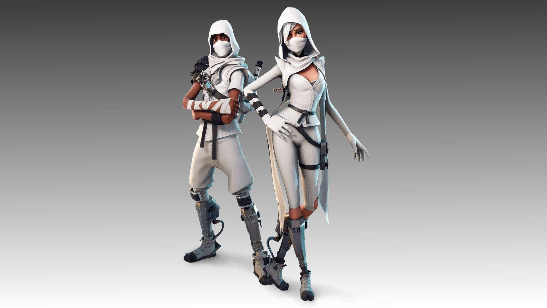 Fortnite 桌布 壁紙 — 兩名身穿白色戰術裝備的連帽未來戰士，在漸變灰色背景前擺好姿勢。