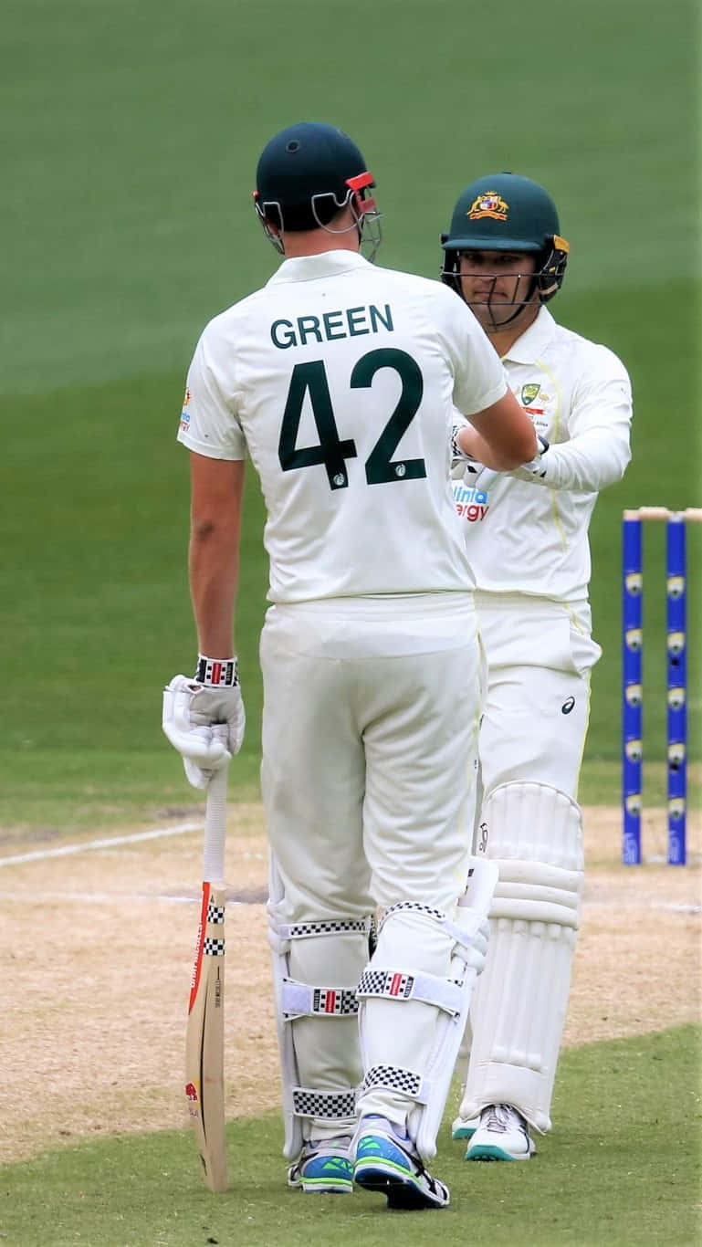 Cameron Green 桌布 壁紙 — 兩名身穿白色球衣、背後印有「GREEN 42」的板球運動員在綠色球場上靠近三柱門握手。