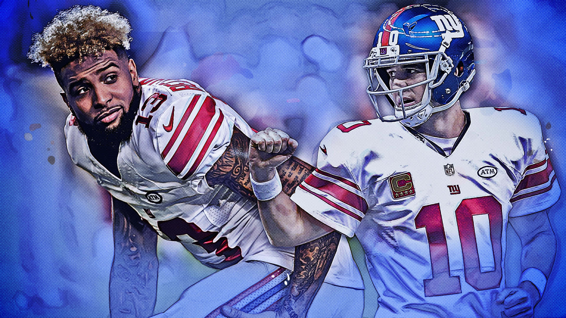 Obj 桌布 壁紙 — 兩名身穿白色球衣帶紅色條紋的NFL四分衛在旋轉的藍色抽象背景上動態碰撞。