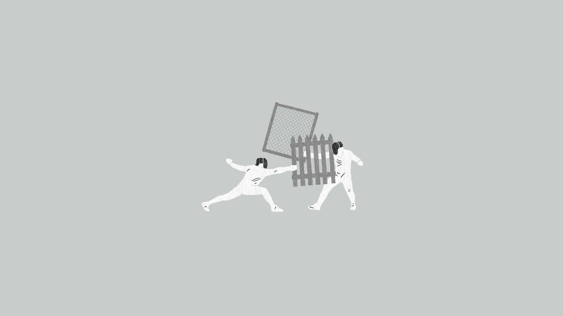 Minimalist Sports 桌布 壁紙 — 兩名身穿白色裝備的劍擊手在樸素的灰色背景上以極簡線條藝術風格揮劍交鋒。