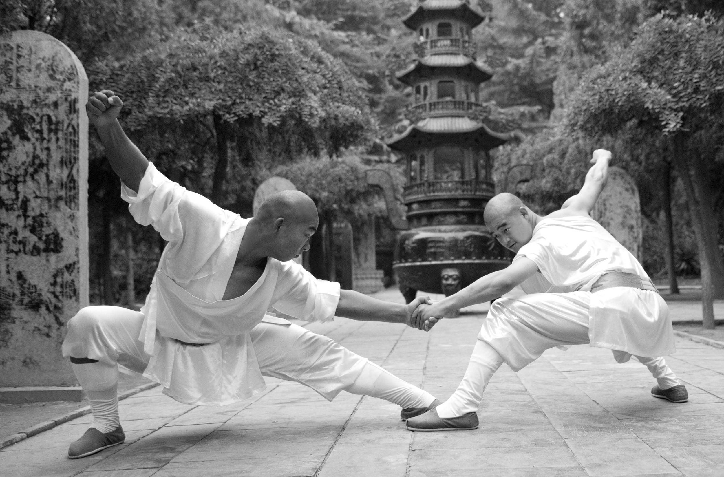 Caption: An Exemplary Display of Wing Chun at the Historic Shaolin Temple 壁紙 — 兩名身穿白色長袍的僧侶在一個寧靜的寺廟庭院中練習武術，周圍環繞著樹木和石塔。