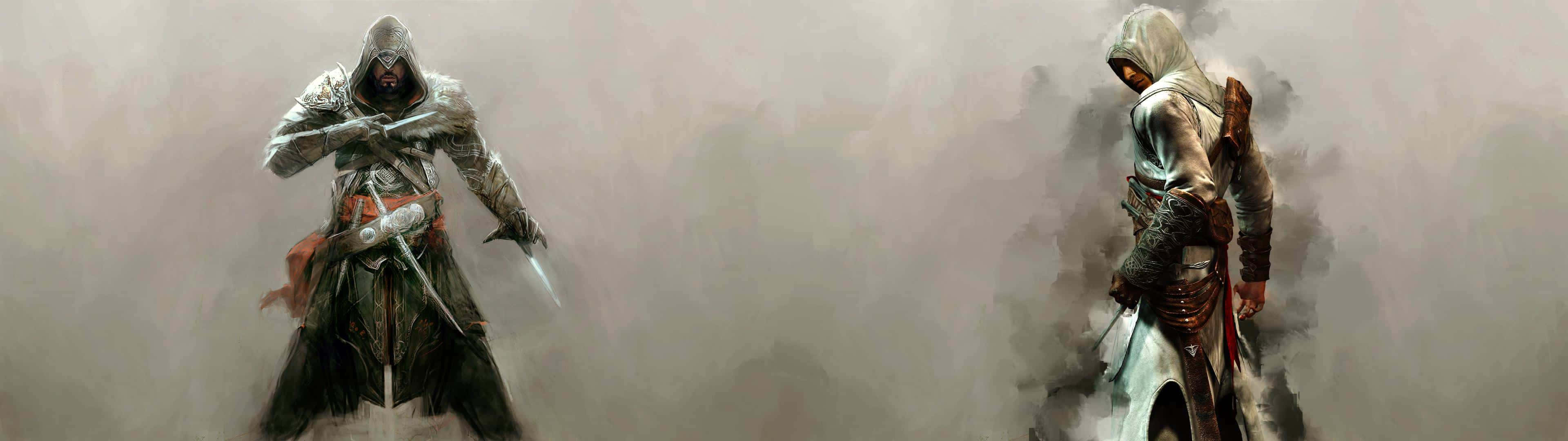 Assassin's Creed Altair 桌布 壁紙 — 兩名身穿白色長袍的蒙面刺客，在朦朧的灰色背景下持刀擺好姿勢。