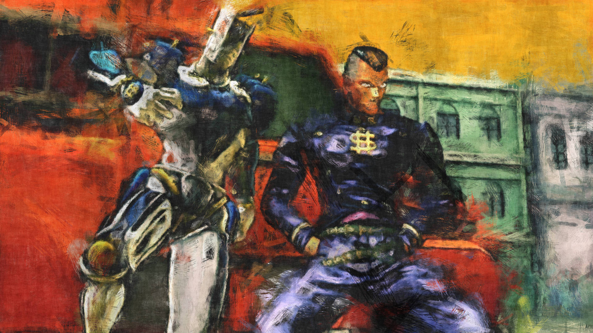 Jojo 4K Okuyasu Nijimura 壁紙 — 兩名身穿盔甲的人物，出現在一幅充滿活力的抽象畫中，帶有鮮明的紅色、黃色和綠色筆觸。