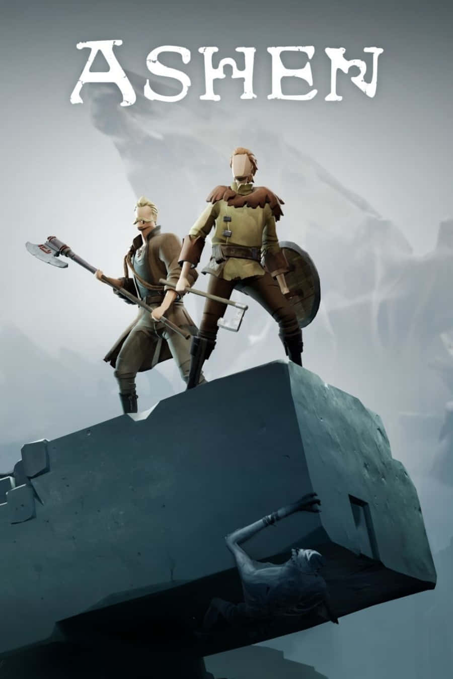 Ashen 桌布 壁紙 — 兩名身穿盔甲的冒險者站在一塊巨大的石塊上，俯瞰著迷霧籠罩、荒涼景觀中一個被擊敗的敵人。