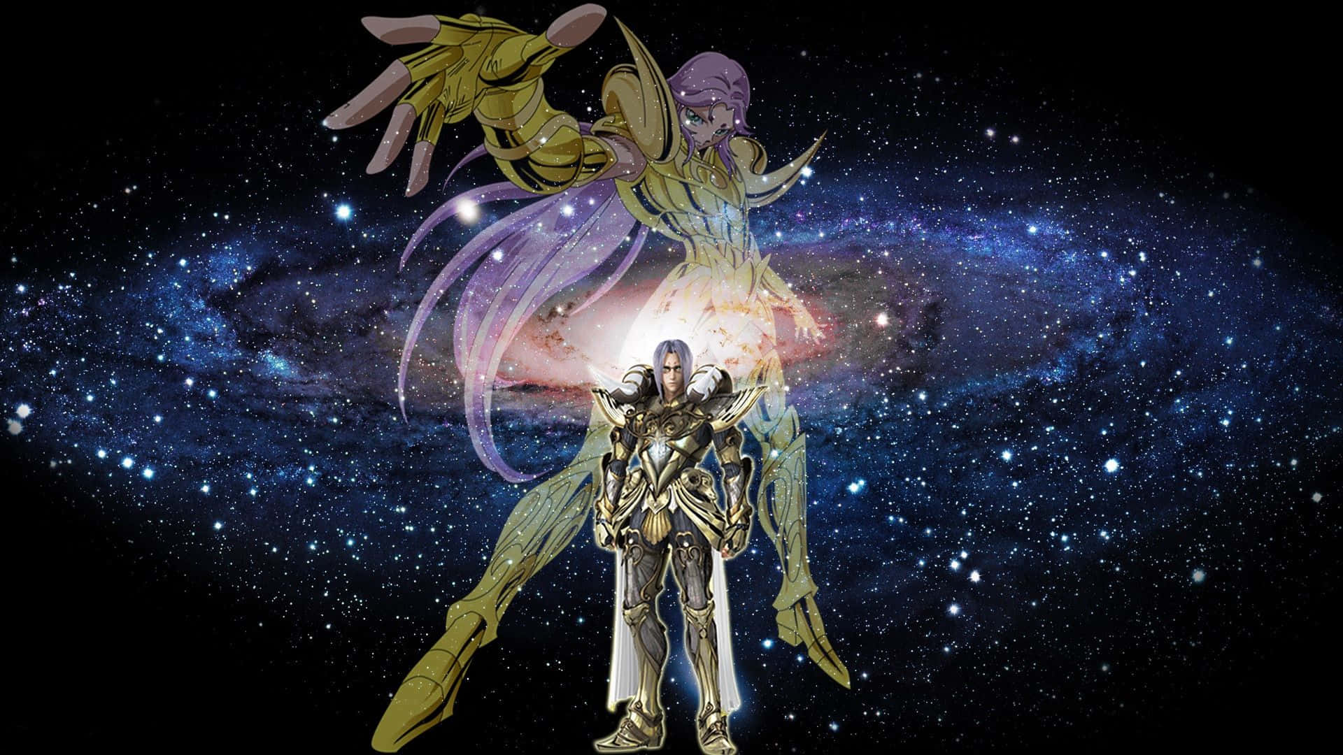 白羊座 桌布 壁紙 — 兩名身穿盔甲的動漫戰士站在發光的宇宙漩渦前，背景是星光燦爛的銀河。