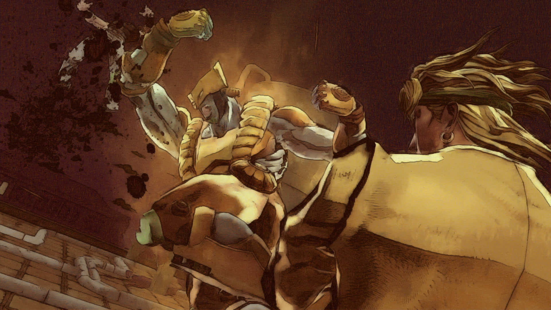 Dio Brando 桌布 壁紙 — 兩名身穿盔甲的戰士在一個骯髒的城市小巷中激烈交鋒，碎片飛揚，光線強烈。