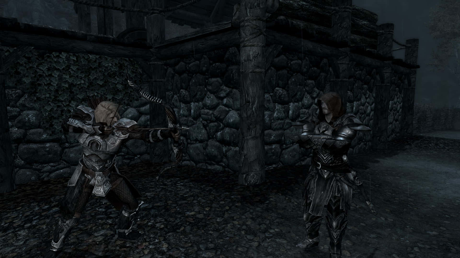 Skyrim Brynjolf 桌布 壁紙 — 兩名身穿盔甲的戰士在昏暗暮色下的雨中石庭院中交鋒。