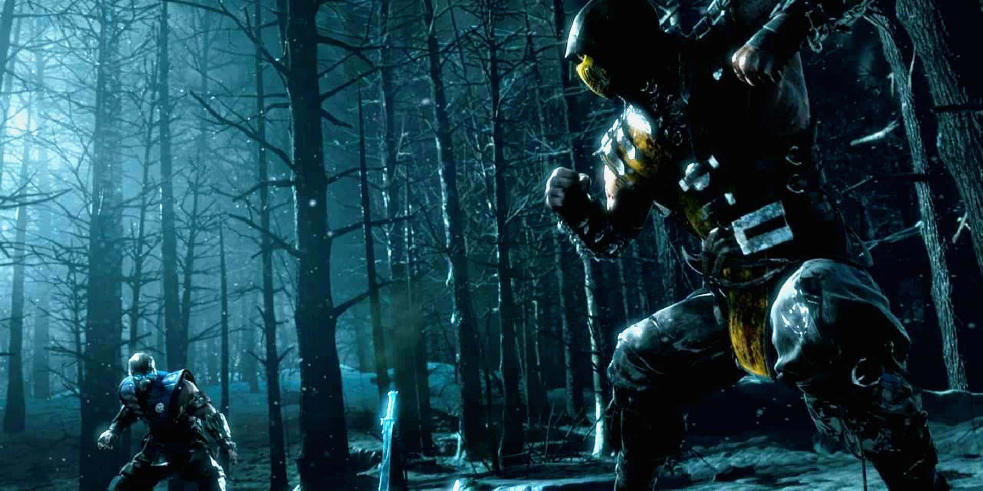Mortal Kombat X 桌布 壁紙 — 兩名身穿盔甲的戰士在月光籠罩的霧氣森林中交戰，周圍是光禿的樹木和飄落的雪花。