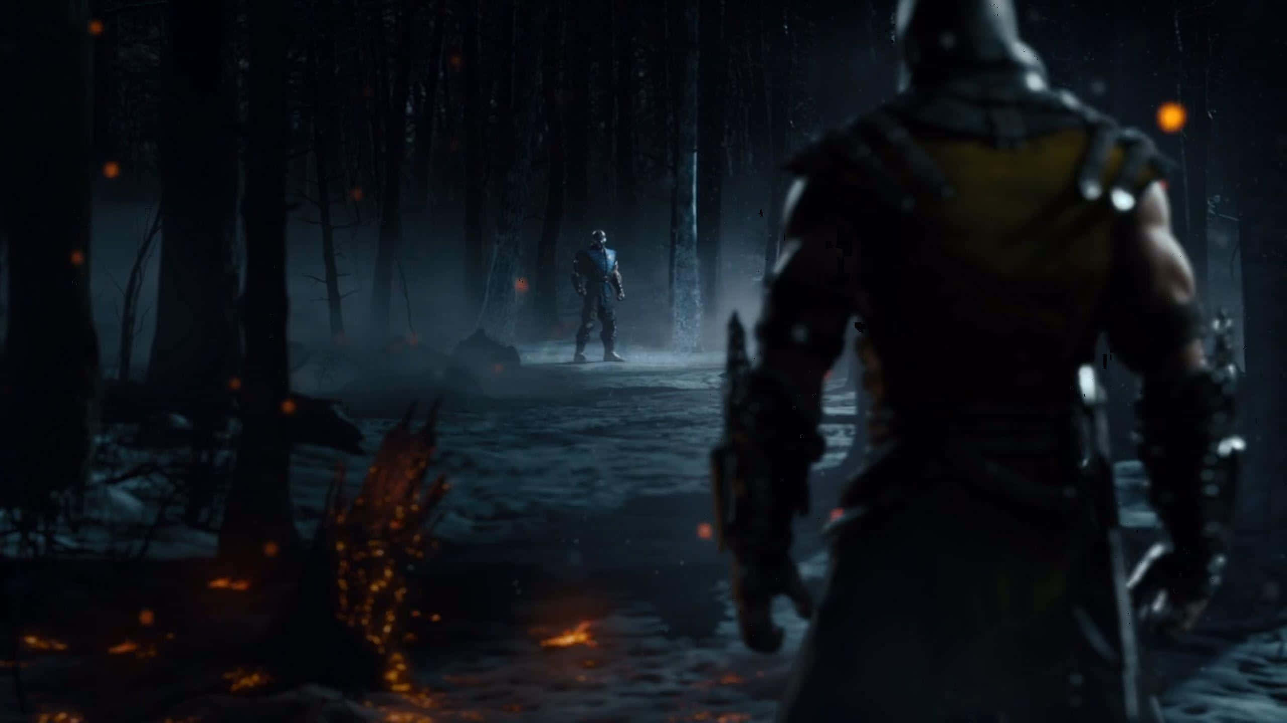 Mortal Kombat X 桌布 壁紙 — 兩名身穿盔甲的戰士在迷霧籠罩的黑暗森林中對峙，周圍漂浮著發光的餘燼。