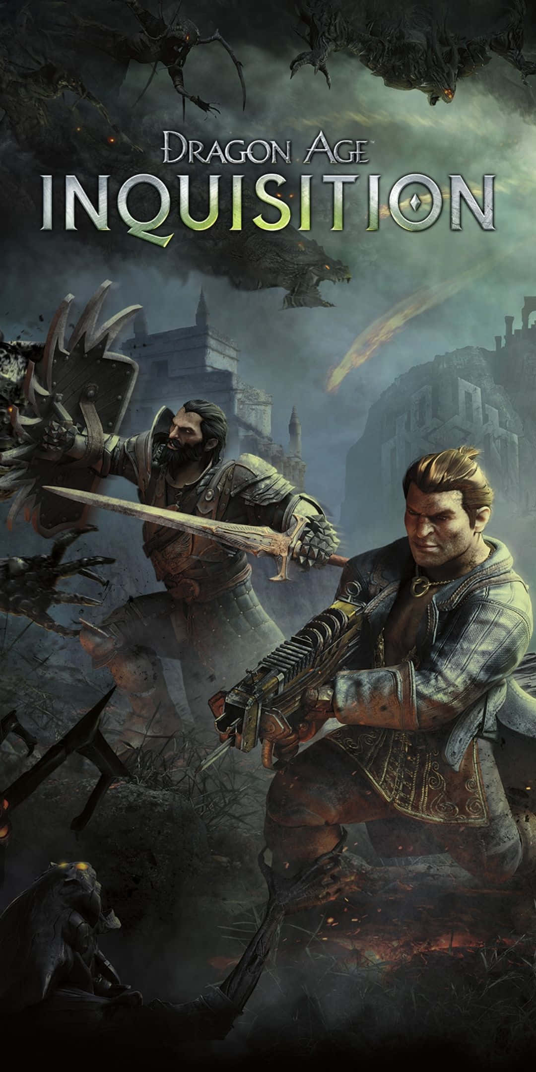 Pixel 3 Dragon Age Inquisition 桌布 壁紙 — 兩名身穿盔甲的戰士在風暴天空下的黑暗奇幻景觀中與怪物戰鬥。